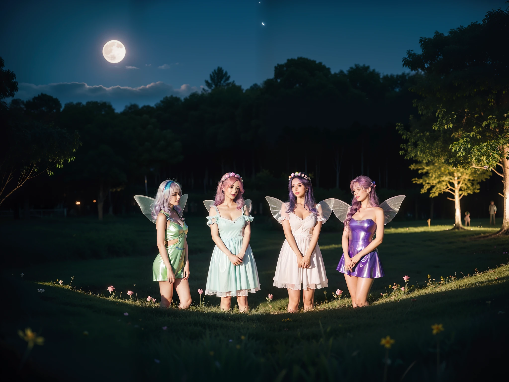 photo of 3 mature Flower fairies wearing latex club costumes, flying by fairies wings, in night gardens, moon light, deep shadow, photorealistic, realism, real, materpiece, best quality, real skin feeling, blonde hair, blue hair, black hair, brown hair, pink hair, silver hair, purple hair, grey hair, red hair, green hair, huge breasts deep cleavage