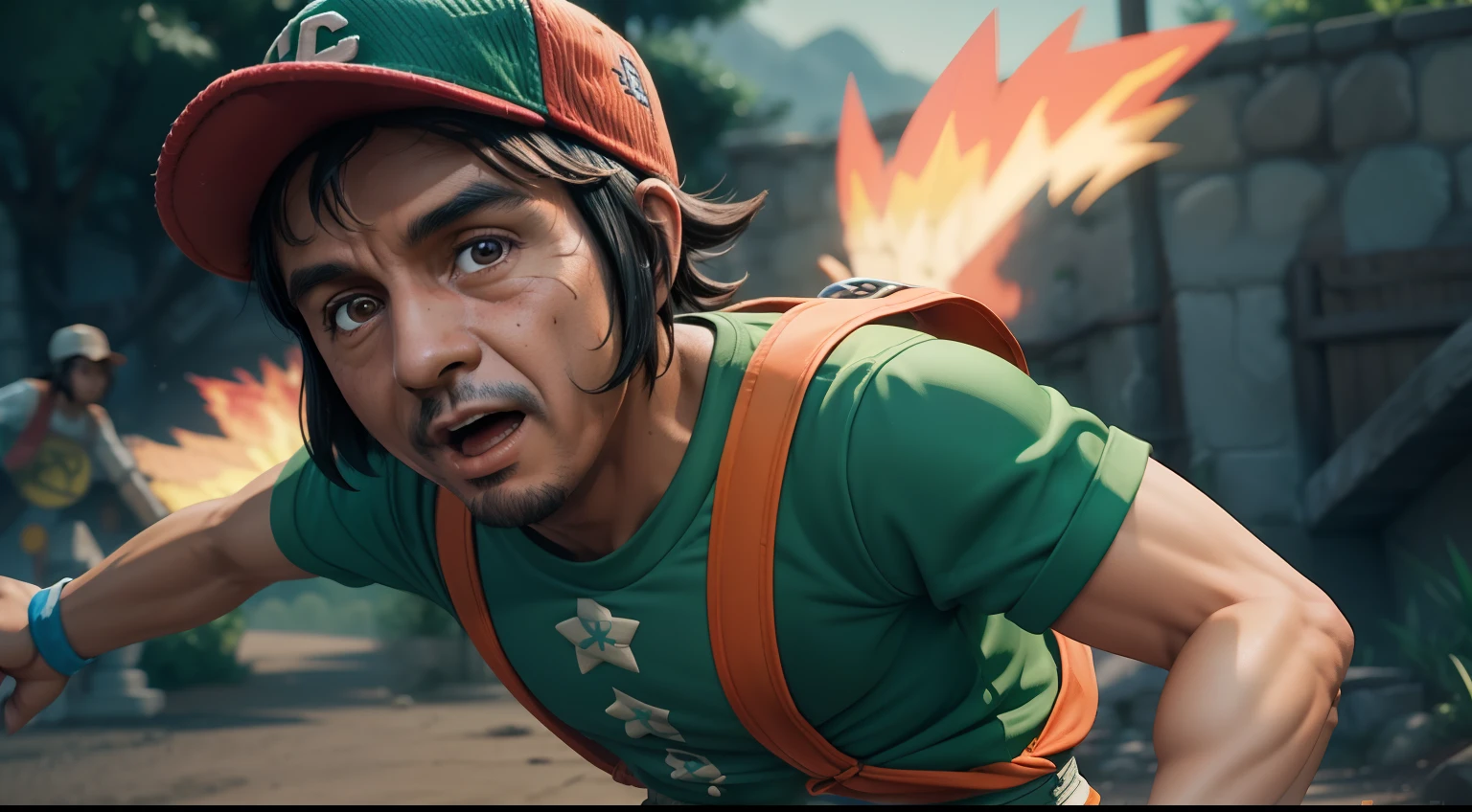 "Intricately detailed depiction of Chavo del Ocho as a Pokémon trainer, with a dynamic pose and vibrant colors. Rendered in stunning 8k resolution."