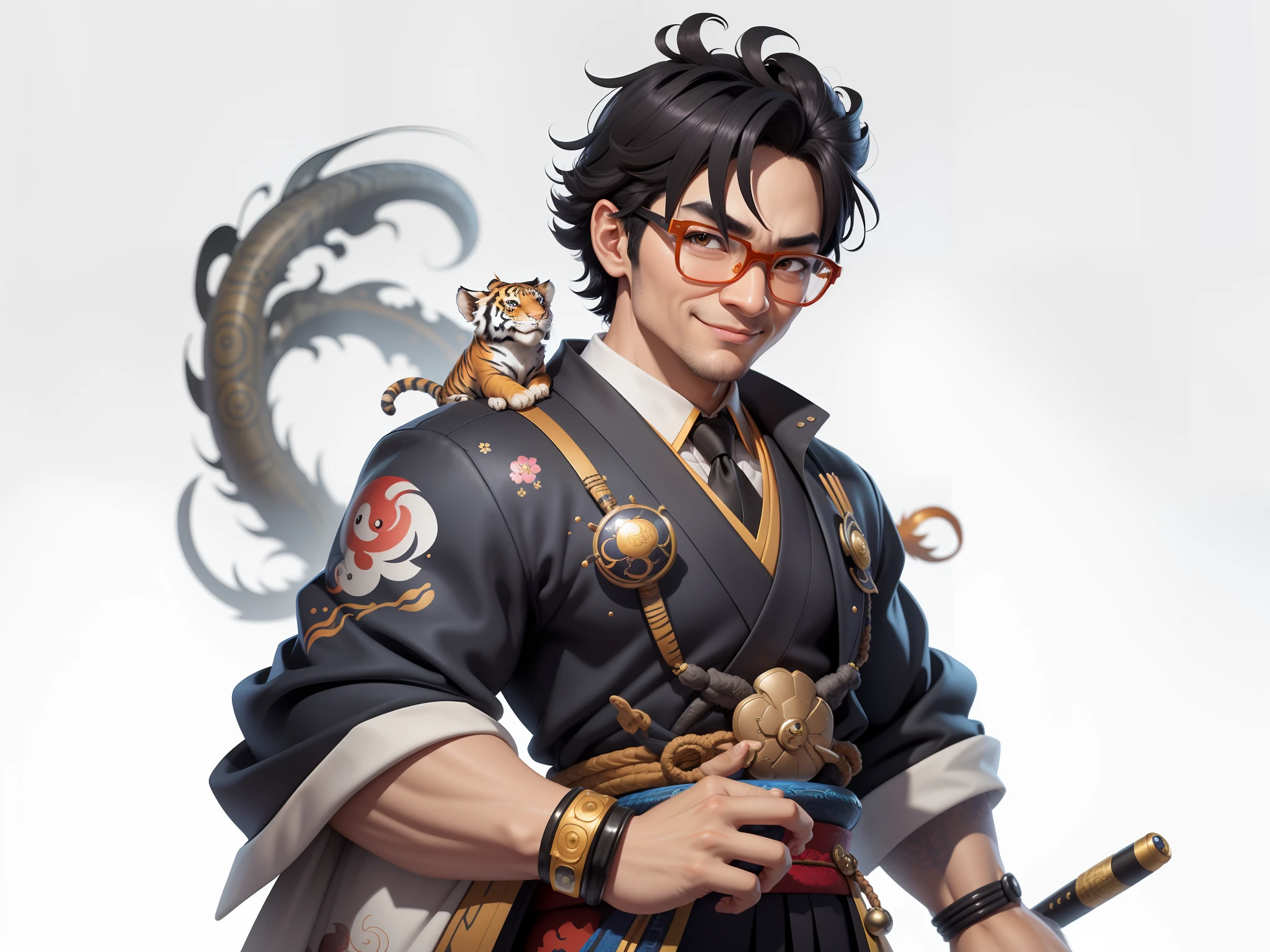 (Masterpiece), (Excellent), (Super Meticulous), (Full Body: 1.2), Super Young Man with Japanese Female Geisha, Pretty, Beautiful, Chinese Dragon, Tiger, Wind God Thor, Sexy, Bursting, Oriental Face, TV Anchor, Bust Portrait Illustration, Black Suit, Blue Tie, Slightly Chubby Face, Silver Glasses, Very Clean Face, No Beard on Chin, Black Super Short Hair, Black Eyes, Confident Smile, 3c Computer Sub-Products, iPad, iPhone, Digital Painting, 3D character design by Mark Clairedon and Pixar and Hayao Miyazaki and Akira Toriyama, the illustrations are HD illustrations in 4K resolution with highly detailed facial features and cartoon-style visuals.
