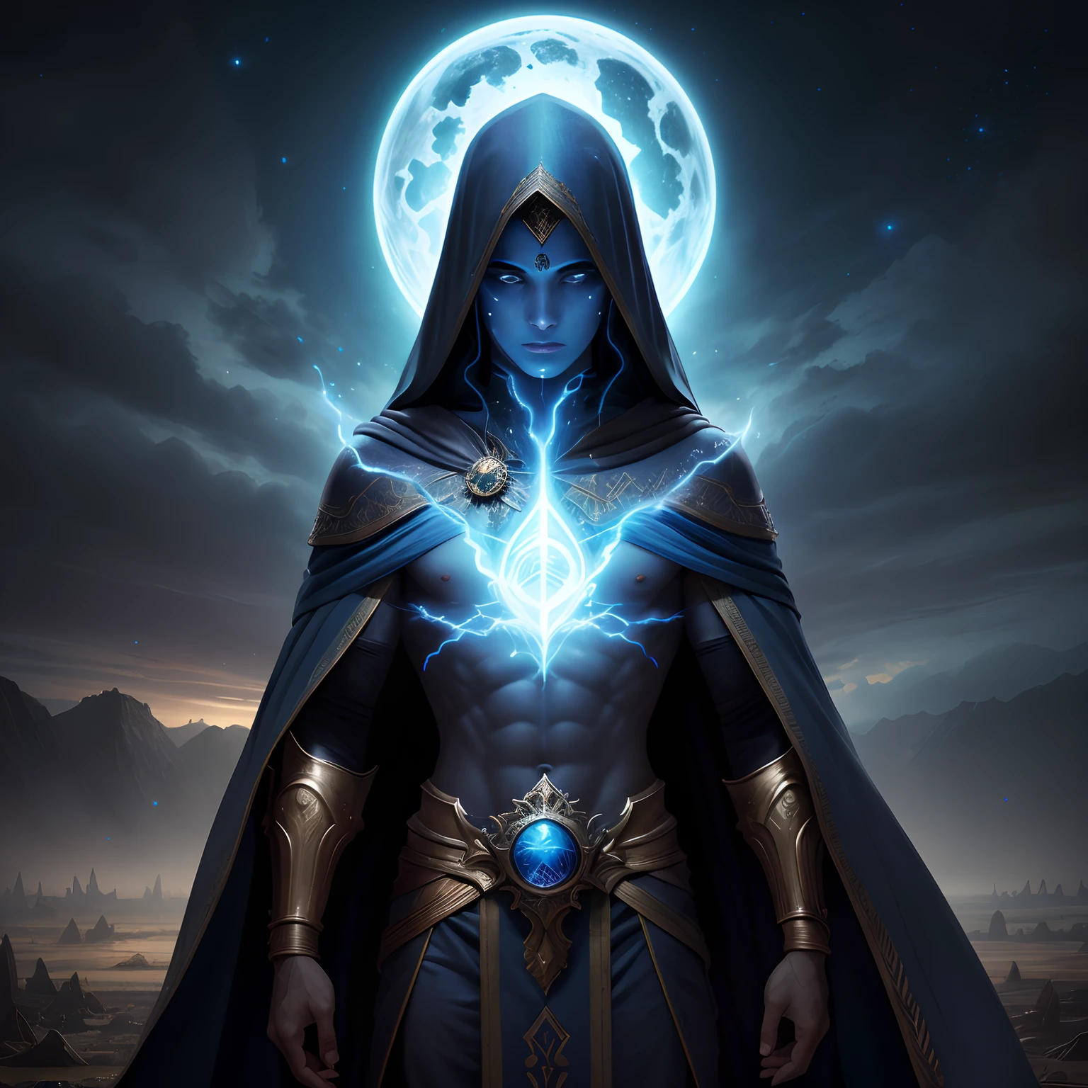 um close up de uma pessoa em uma capa com um raio, Raziel IRL, mago, Retrato completo de Electromancer, Arte de fantasia 4k, Retrato de um Mago, an arcane wizard casting a spell, Arte de fantasia 8k, Amazing 8K character concept art, 8 K HD WallpaperArtefato jpeg, 8k hd wallpaperjpeg artefato