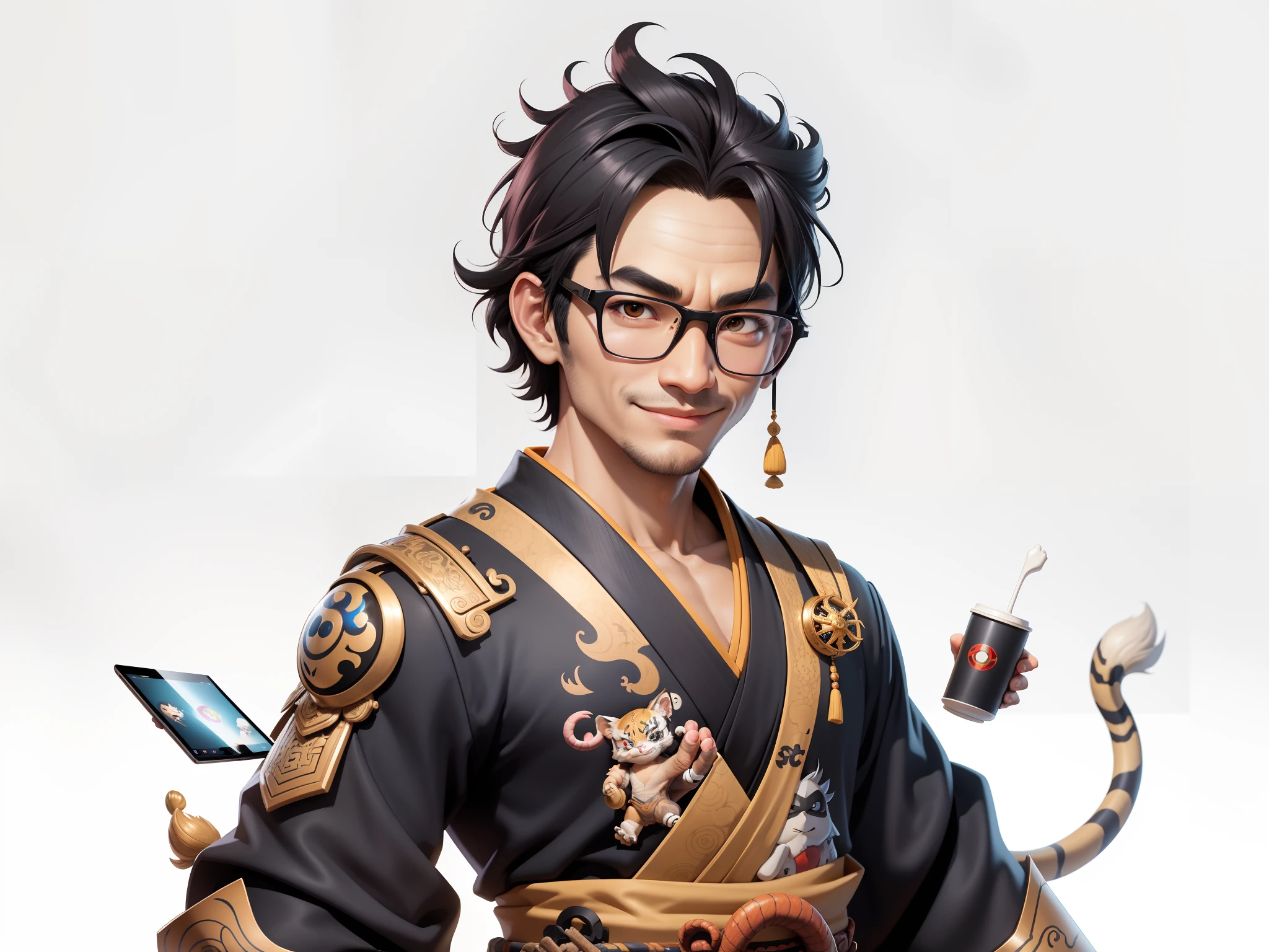 (Masterpiece), (Excellent), (Super Meticulous), (Full Body: 1.2), Super Young Man with Japanese Female Geisha, Pretty, Beautiful, Chinese Dragon, Tiger, Wind God Thor, Sexy, Bursting, Oriental Face, TV Anchor, Bust Portrait Illustration, Black Suit, Blue Tie, Slightly Chubby Face, Silver Glasses, Very Clean Face, No Beard on Chin, Black Super Short Hair, Black Eyes, Confident Smile, 3c Computer Sub-Products, iPad, iPhone, Digital Painting, 3D character design by Mark Clairedon and Pixar and Hayao Miyazaki and Akira Toriyama, the illustrations are HD illustrations in 4K resolution with highly detailed facial features and cartoon-style visuals.
