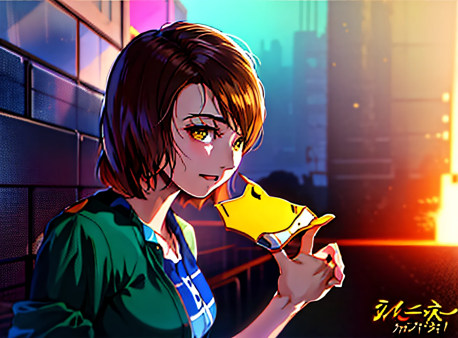 Anime girl with brown hair and yellow eyes holding a mask, Digital anime illustration, makoto shinkai art style, Shinkai Makoto style, anime big breast. Soft lighting, Digital anime art, urban girl fanart, Makoto Shinkai. a digital rendering, Digital anime art!!, realistic anime artstyle, Anime style portrait, anime realism style, Smooth anime CG art