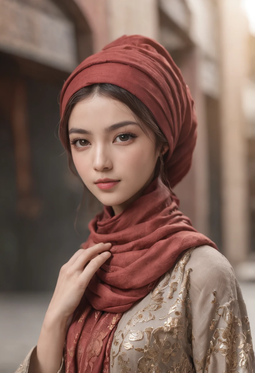 (8k, masterpiece), photo-realistic), (looking at viewer), posing, 1girl, Random expression, Muslim, Wear a scarf on your head, A girl around 18 years old, Chinese style, Full body photo, high-heels, Art Deco, best quality