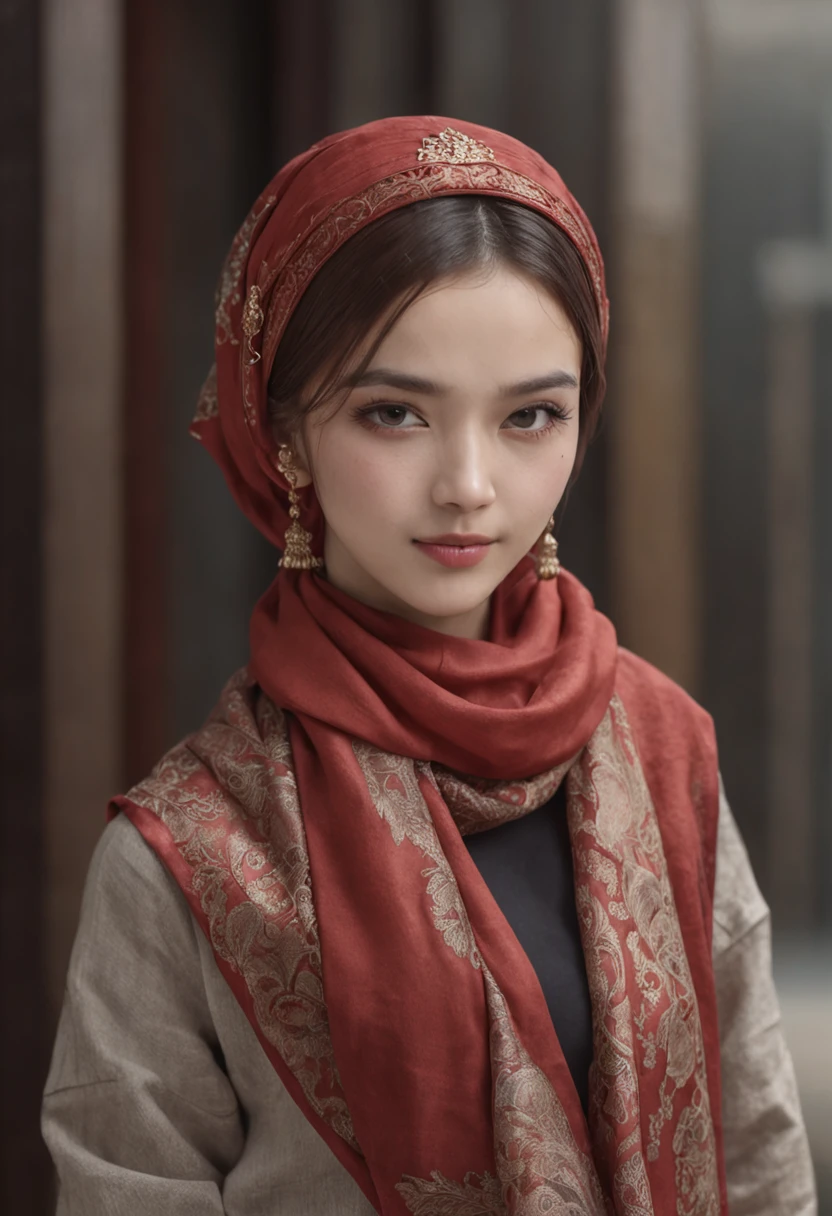 (8k, masterpiece), photo-realistic), (looking at viewer), posing, 1girl, Random expression, Muslim, Wear a scarf on your head, A girl around 18 years old, Chinese style, Full body photo, high-heels, Art Deco, best quality