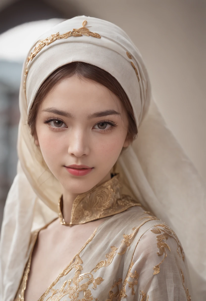 renaissance half-body portrait of a smiling Asian woman wearing hijab, looking at the camera, old school, clean shaved, royal costume, royal family, elegant, chubby, beautiful --ar 3:4