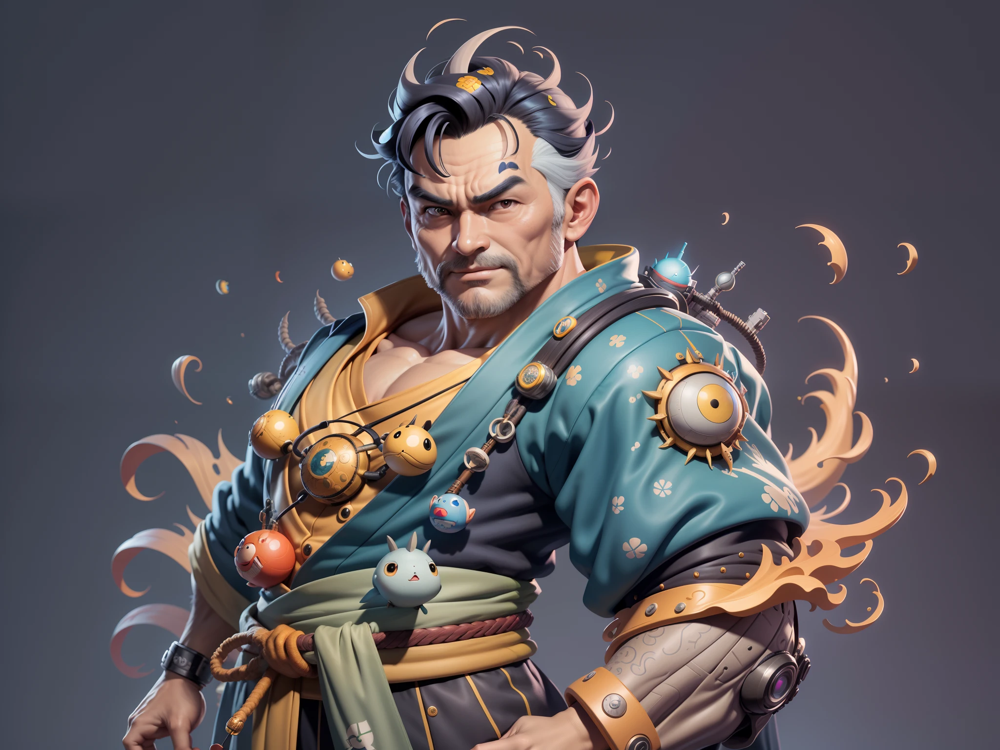 (Masterpiece), (Excellent), (Super Meticulous), (Full Body: 1.2), Super Young Man, Oriental Face, Japanese Kimono, Japanese Wind Thunder God, Dragon, Tiger, TV Anchor, Bust Portrait Illustration, Alone, Black Suit, Blue Tie, Slightly Chubby Face, Very Clean Face, No Beard, Black Super Short Hair, Black Eyes, Confident Smile, 3c Computer Sub-Products, iPad, iPhone, Digital Painting, 3D Character Design by Akira Toriyama and Mark Claireden and Pixar and Hayao Miyazaki, The illustration is a high-definition illustration in 4K resolution with very detailed facial features and cartoon-style visuals.