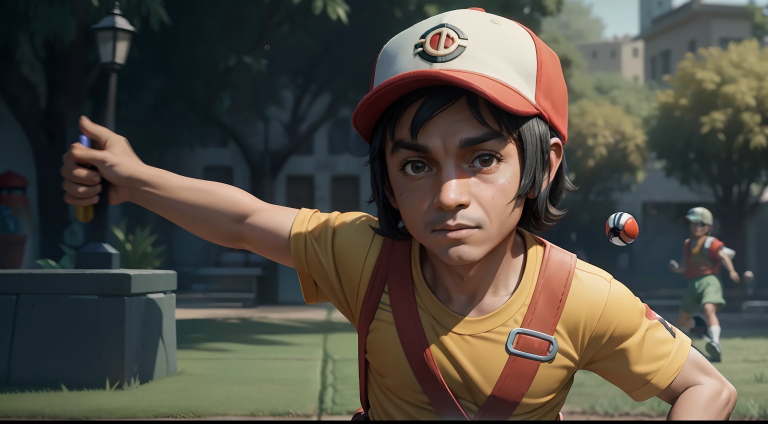 "Intricately detailed depiction of Chavo del Ocho as a Pokémon trainer, with a dynamic pose and vibrant colors. Rendered in stunning 8k resolution."