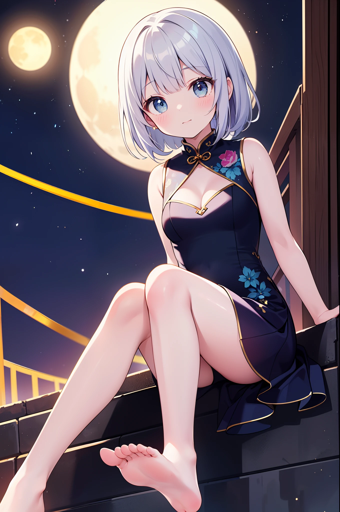 (​masterpiece)、(top-quality)、(ultra-detailliert)、(独奏)、14 year old beautiful girl、小柄、silber hair、Crims、Golden and silver and light blue cheongsam、Short cheongsam、sleeveless、Cleavage emphasis、Thigh exposure、Moon Night、Composition looking up from your feet