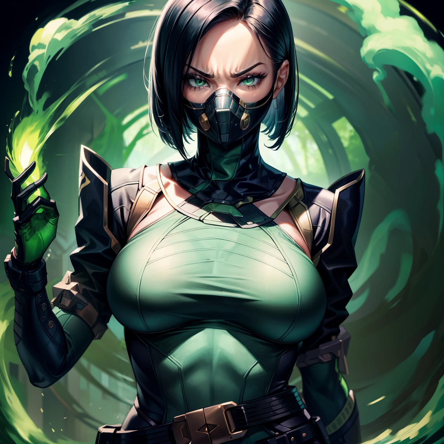 Masterpiece, Best quality,Look at the woman from below ，《Fearless viper》, tightsuit, mitts, belt, thigh boots, respirator, view the viewer, face, Portrait, Close-up, Glowing eyes, green smoke, Black background,huge tit，Raised chest，Close-up of chest，oversized boobs，chest focus，Woman in a swimsuit，angry look，Extremely erotic figure，Staring angrily at the screen，Facing the screen