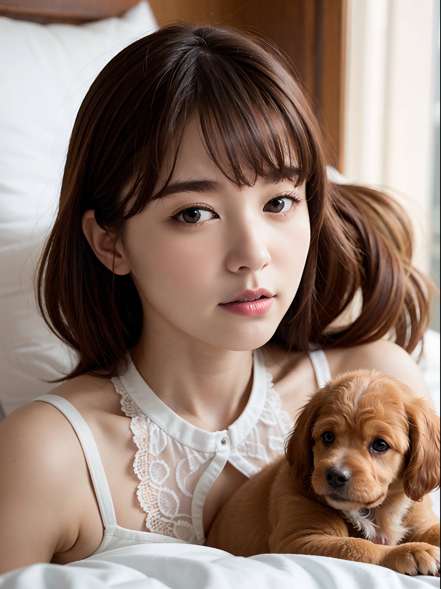 Beautiful girl playing with a puppy, 17 years old, (Highest quality:1.4), (Very detailed), (Very detailed美しい顔), sit, avert your eyes, smile, White T-shirt, Great face and eyes, iris, Medium Hair, The Beauty of Japan, (Skinny body type:1.3), (Flat Chest:1.3), (toy poodle:1.3),Smooth, Very detailed CG 統合 8k 壁紙, High-resolution RAW color photos, Professional photography, Light, BackLight, dream-like, impressive, Written boundary depth, Bedroom, (Shooting from below:1.2)