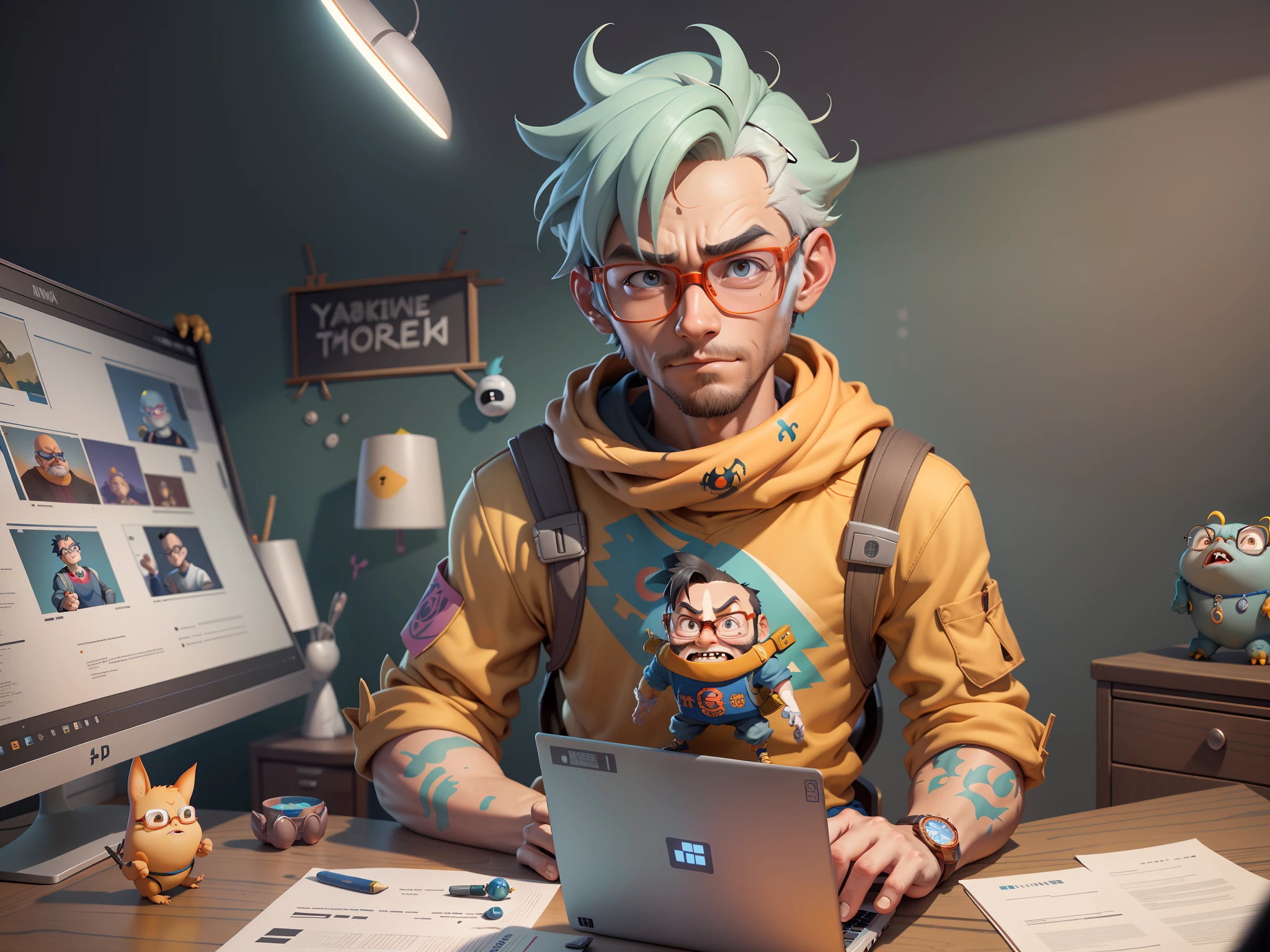 A young man with glasses sits at his desk,holding laptop,digitial painting,3D character design by Mark Clairen and Pixar and Hayao Miyazaki and Akira Toriyama,4K HD illustration,Very detailed facial features and cartoon-style visuals。