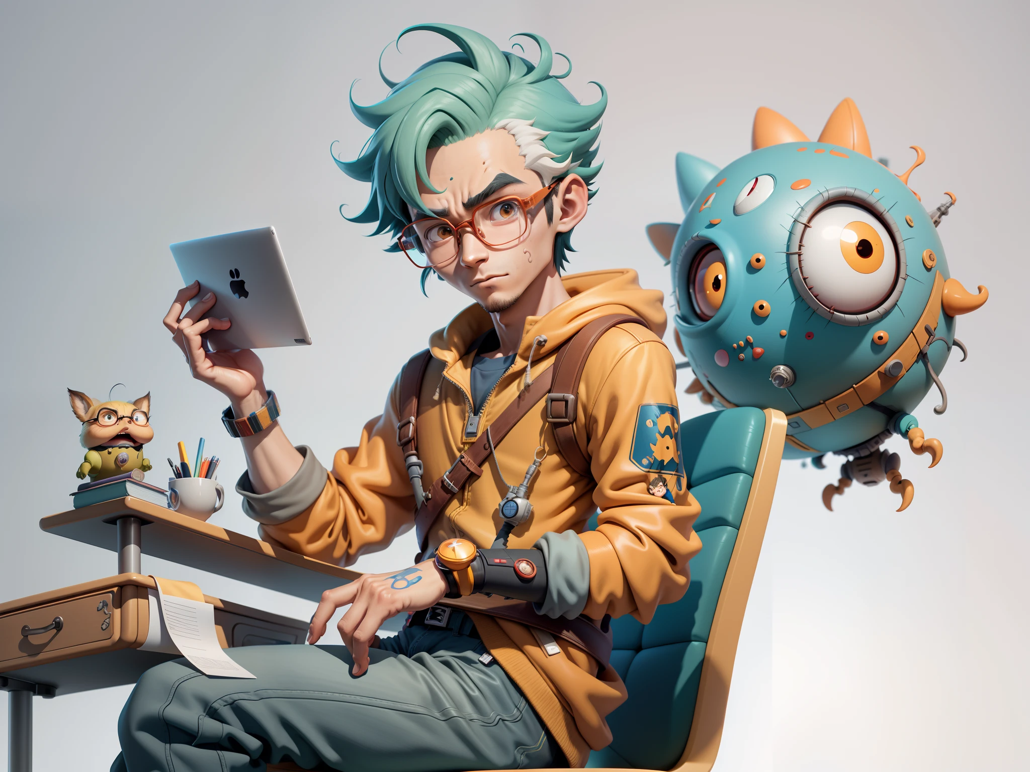 A young man with glasses sits at his desk，holding laptop，digitial painting，3D character design by Mark Clairen and Pixar and Hayao Miyazaki and Akira Toriyama，4K HD illustration，Very detailed facial features and cartoon-style visuals。
