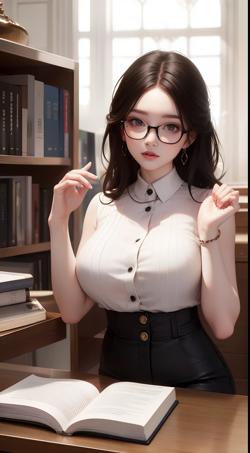 Girl with glasses，Read a book in the library，Large breasts，Transparent top，HD，Best quality at best，rich details​，hyper HD，32K，Top photography