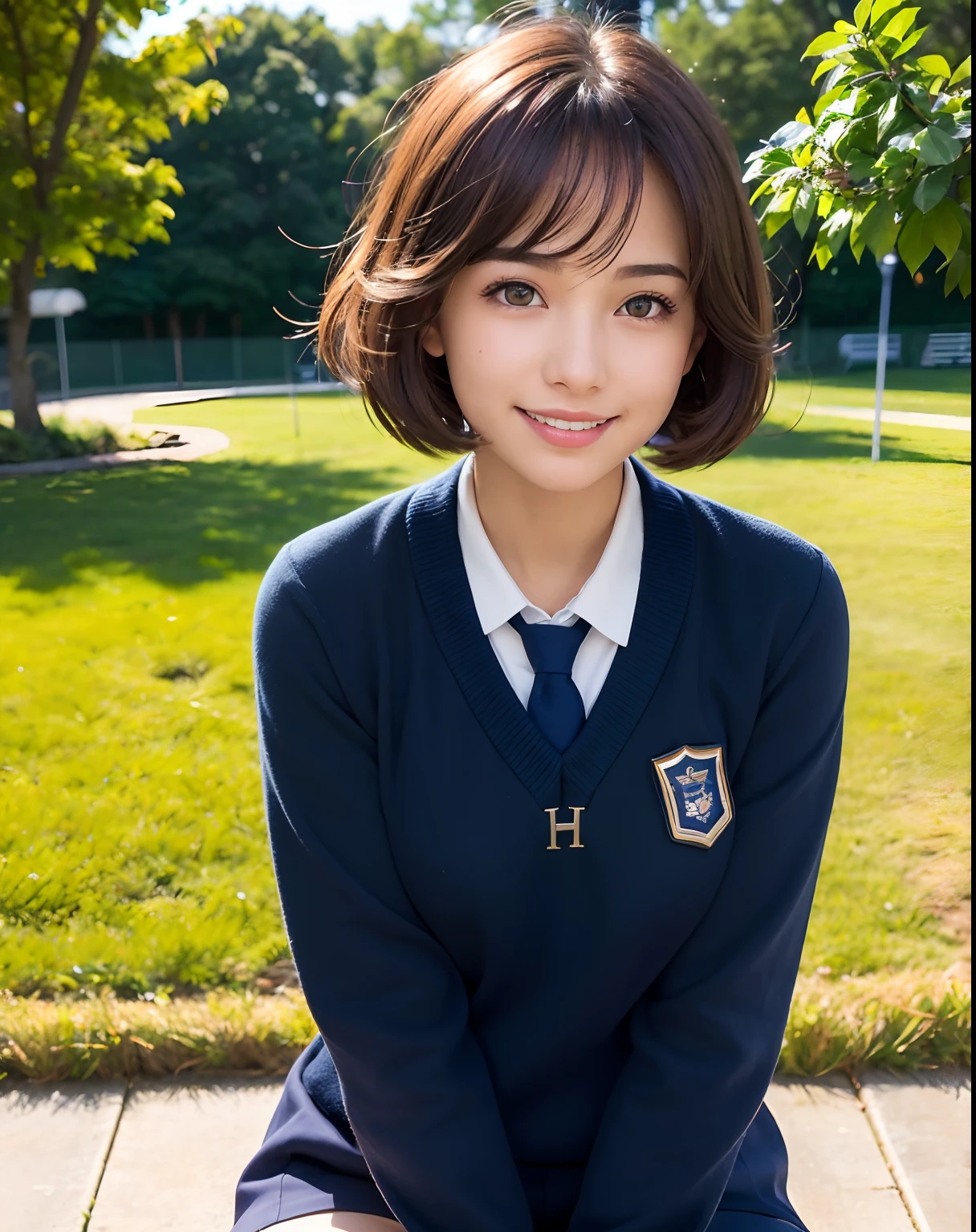 best quality, face focus, soft light, (depth of field) ,ultra high res, (photorealistic:1.4), RAW photo, upper thigh ,
1girl, solo, cute, shy, (smile:1.2), (brown eyes,catch light),  detailed beautiful skin, (dark_hair, short_hair ), (navy school uniform :1.4)