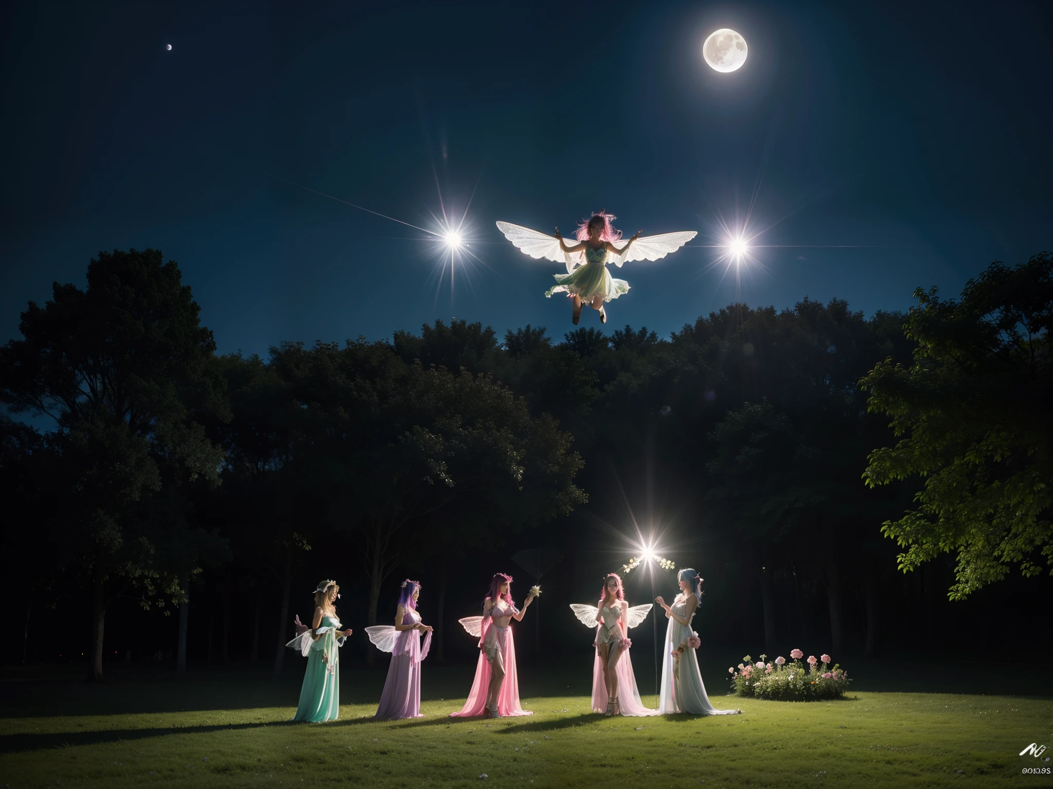 photo of 3 mature Flower fairies wearing latex club costumes, flying by fairies wings, in night gardens, moon light, deep shadow, photorealistic, realism, real, materpiece, best quality, real skin feeling, blonde hair, blue hair, black hair, brown hair, pink hair, silver hair, purple hair, grey hair, red hair, green hair, huge breasts deep cleavage
