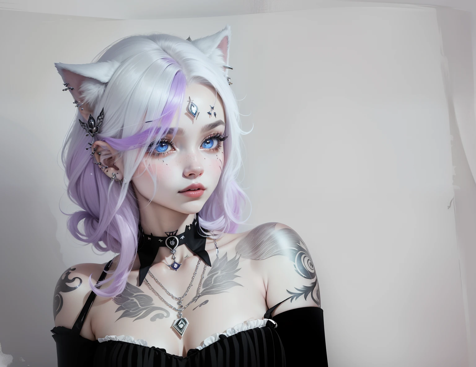 (Anthropomorphic wolf cute cub) orelhas de lobo,com um corce preta, um olho azul e outro branco , heterocromia nos olhos ,cabelo platinado curto cacheados com pontas roxas,bad girl, Moon birthmark on forehead ๐๐, Hibrido,jovem, retrato, busto, postura de frente para a camera, Cartoon, vestido como uma vesater roqueira metaleira dos anos 80 obra prima, postura de confiante, youtuber, fleshy lips , piercings no nariz e nas orelhas de lobo, tatuagens pelo corpo, tattoo de lua ๐ acima dos seios,asas de anjo negro nas costas, e coleira , dark purple choker on neck, Hand with dragging gloves, colares , piercings , wolf fangs we lips