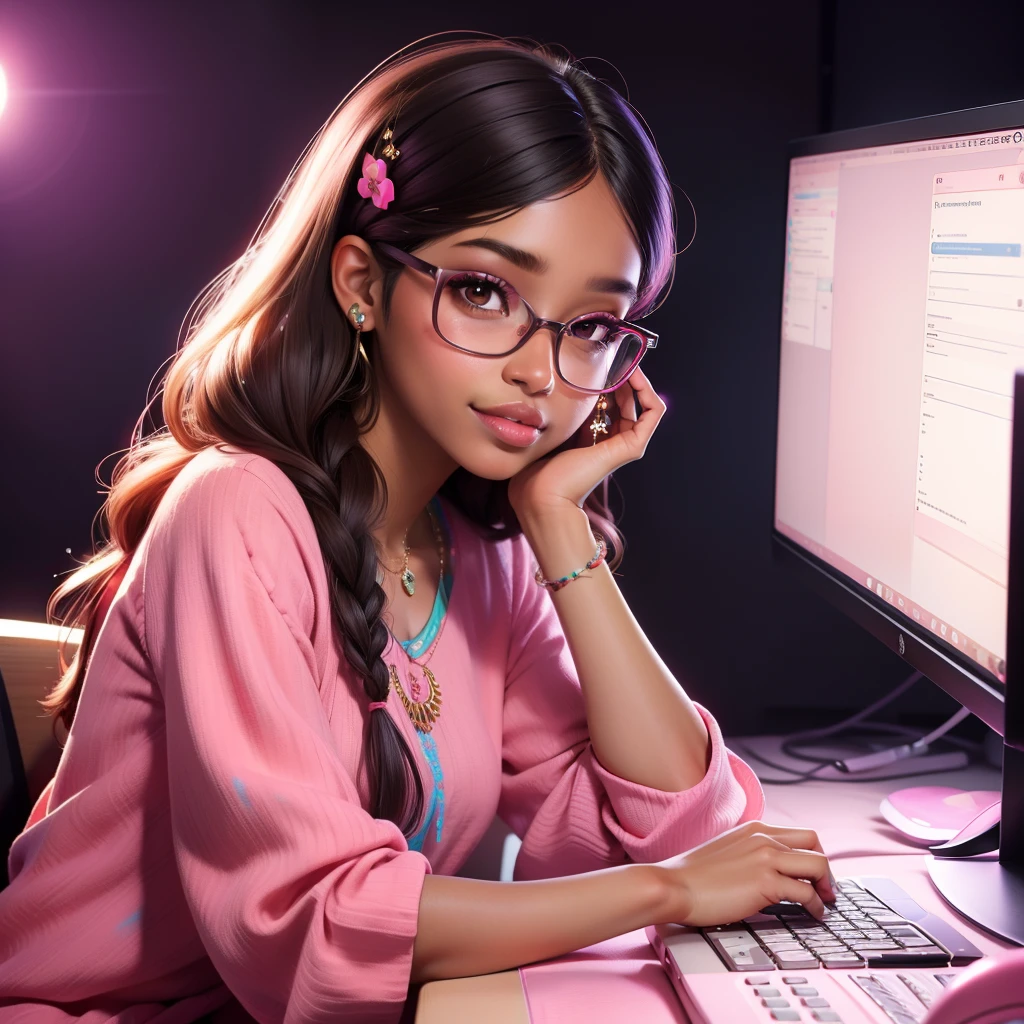 A morden Girl, brown skin, pink theme, sparkling simple make up, sparkling face, sparkling lips, hippie clothes, high quality pictures, her and her computer, nerd, sparkling pictures