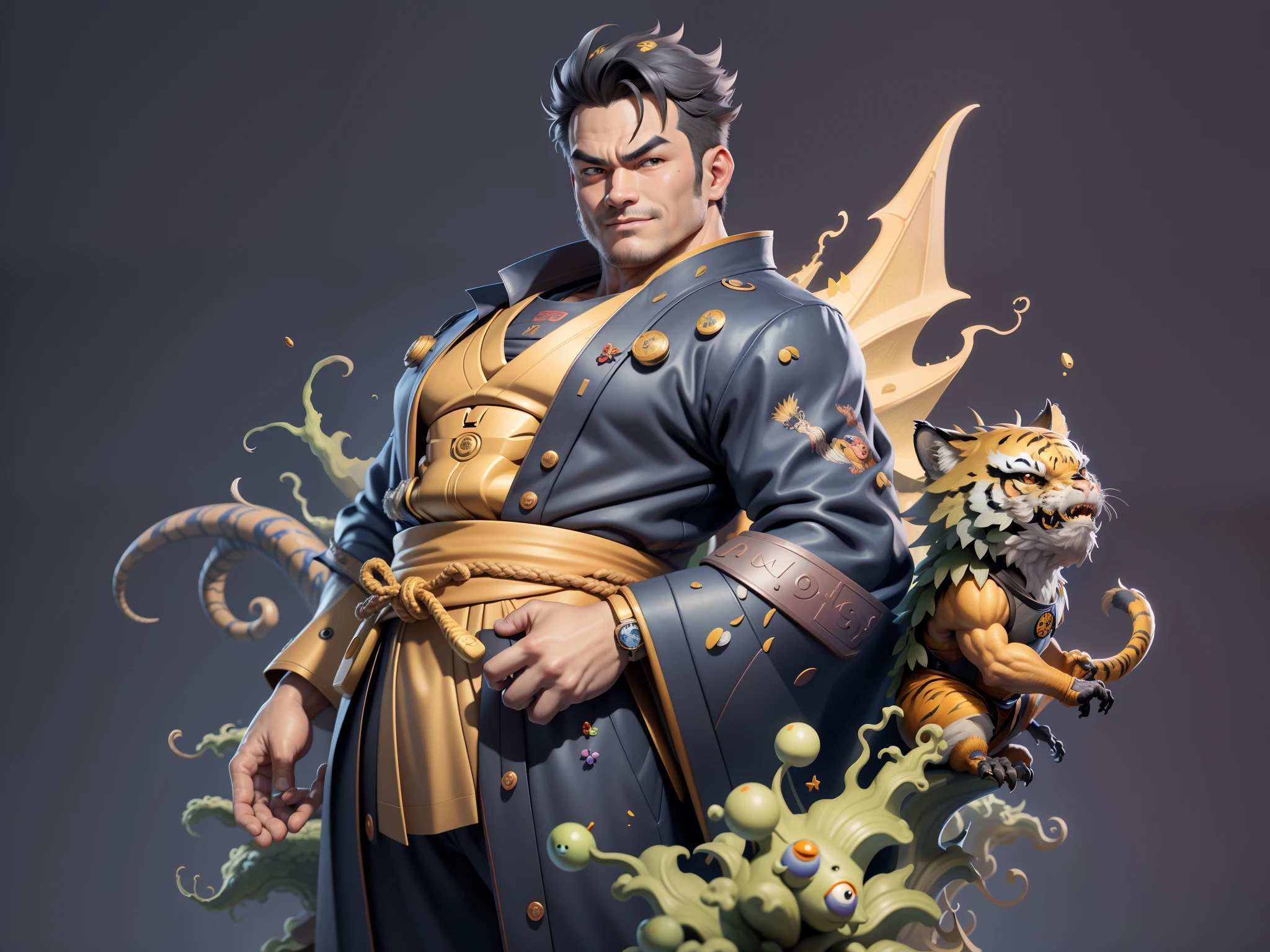 (Masterpiece), (Excellent), (Super Meticulous), (Full Body: 1.2), Super Young Man, Oriental Face, Japanese Kimono, Japanese Wind Thunder God, Dragon, Tiger, TV Anchor, Bust Portrait Illustration, Alone, Black Suit, Blue Tie, Slightly Chubby Face, Very Clean Face, No Beard, Black Super Short Hair, Black Eyes, Confident Smile, 3c Computer Sub-Products, iPad, iPhone, Digital Painting, 3D Character Design by Akira Toriyama and Mark Claireden and Pixar and Hayao Miyazaki, The illustration is a high-definition illustration in 4K resolution with very detailed facial features and cartoon-style visuals.