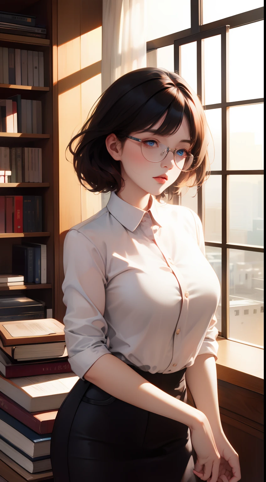 Girl with glasses，Read a book in the library，Large breasts，Transparent top，HD，Best quality at best，rich details​，hyper HD，32K，Top photography