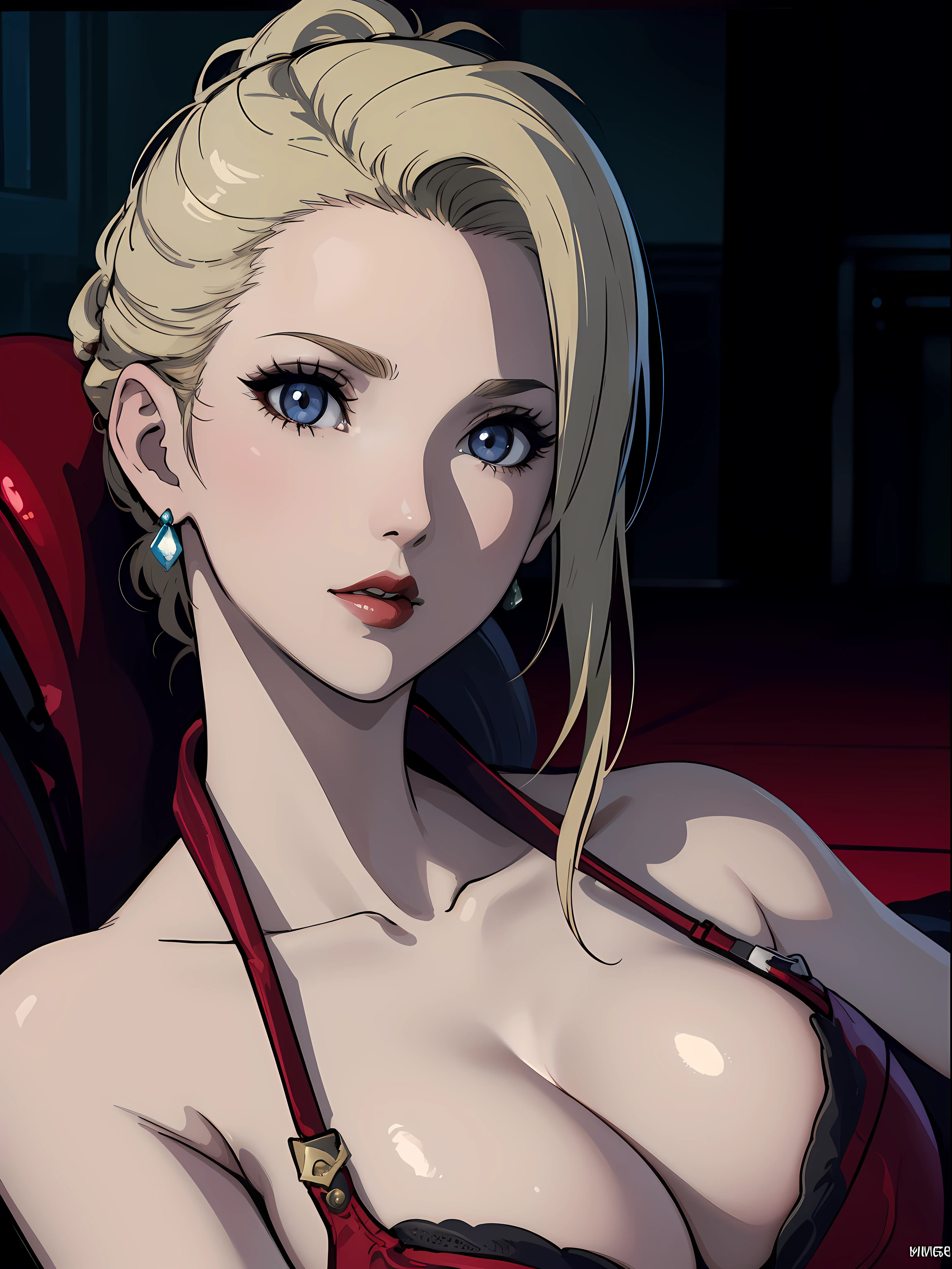 Best quality, masterpiece, ultra high res, 1girl, sexy, in the dark, deep shadow, low key, cold light, milf, dynamic light, cinematic lighting, cinematic lighting, down blouse, mature woman, middle parted hair, nsfw, natural breast, upper body, milf, nsfw, scarlet, final fantasy, blonde, face closeup, face detail, red lips detail, white background,