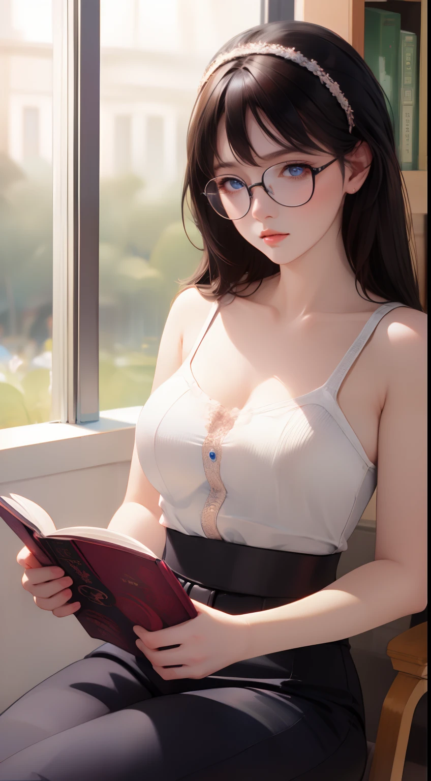 Girl with glasses，Read a book in the library，Large breasts，Transparent top，HD，Best quality at best，rich details​，hyper HD，32K，Top photography