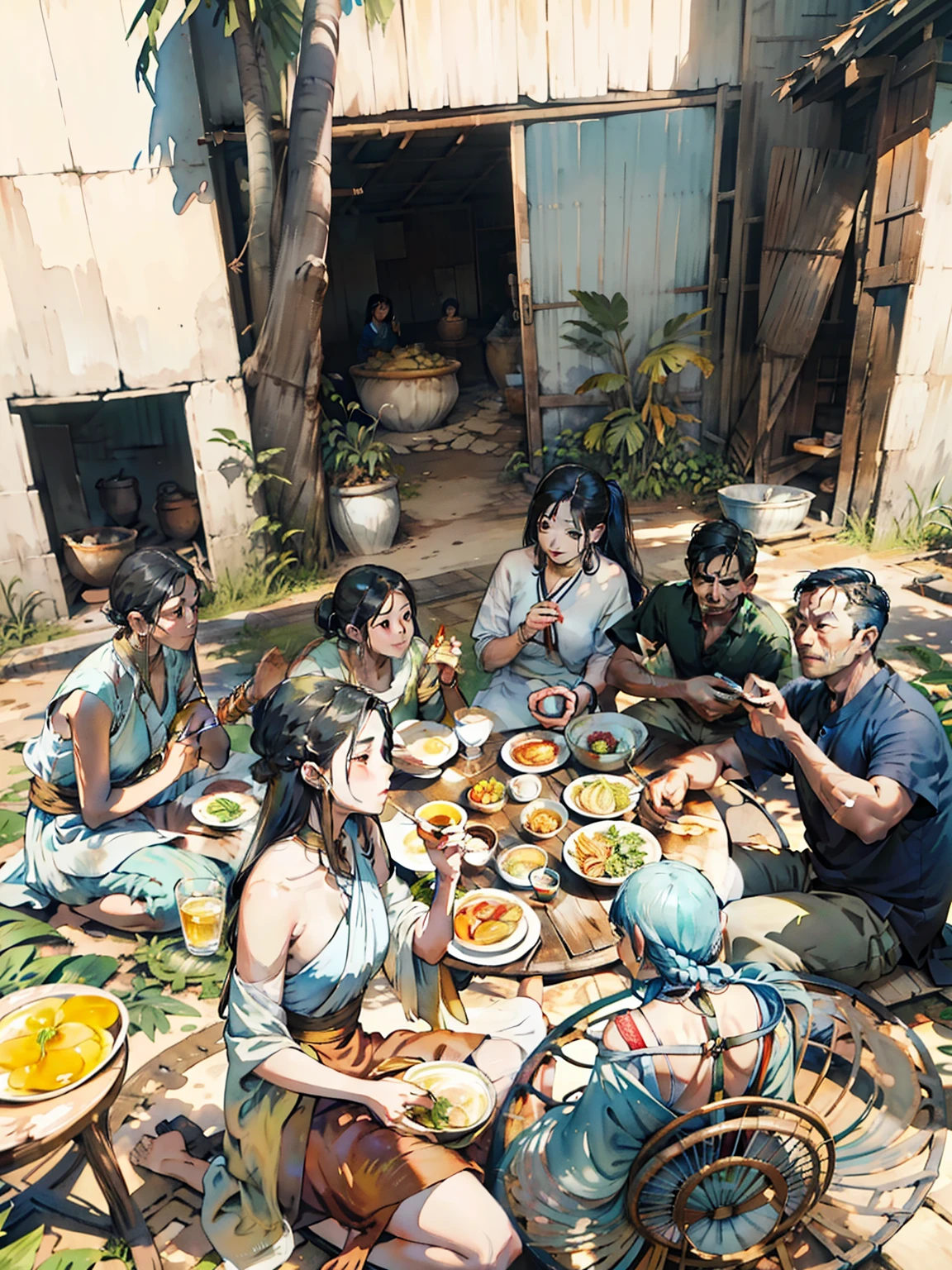 "Watercolor-style illustration of a Burmese family gathered around a round table on the ground for lunch, with a backdrop of a toddy palms farm. Focus on detailed facial features."