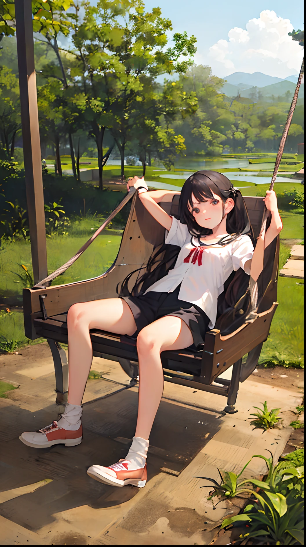 nsfw,female, pee, m_legs, shameful, outdoor, public,spread legs,shiny eyes,nipples, (legs restrained,legs suspended:1.2), (blush, embarrassed:1.2),open mouth, brown short lower pigtails,