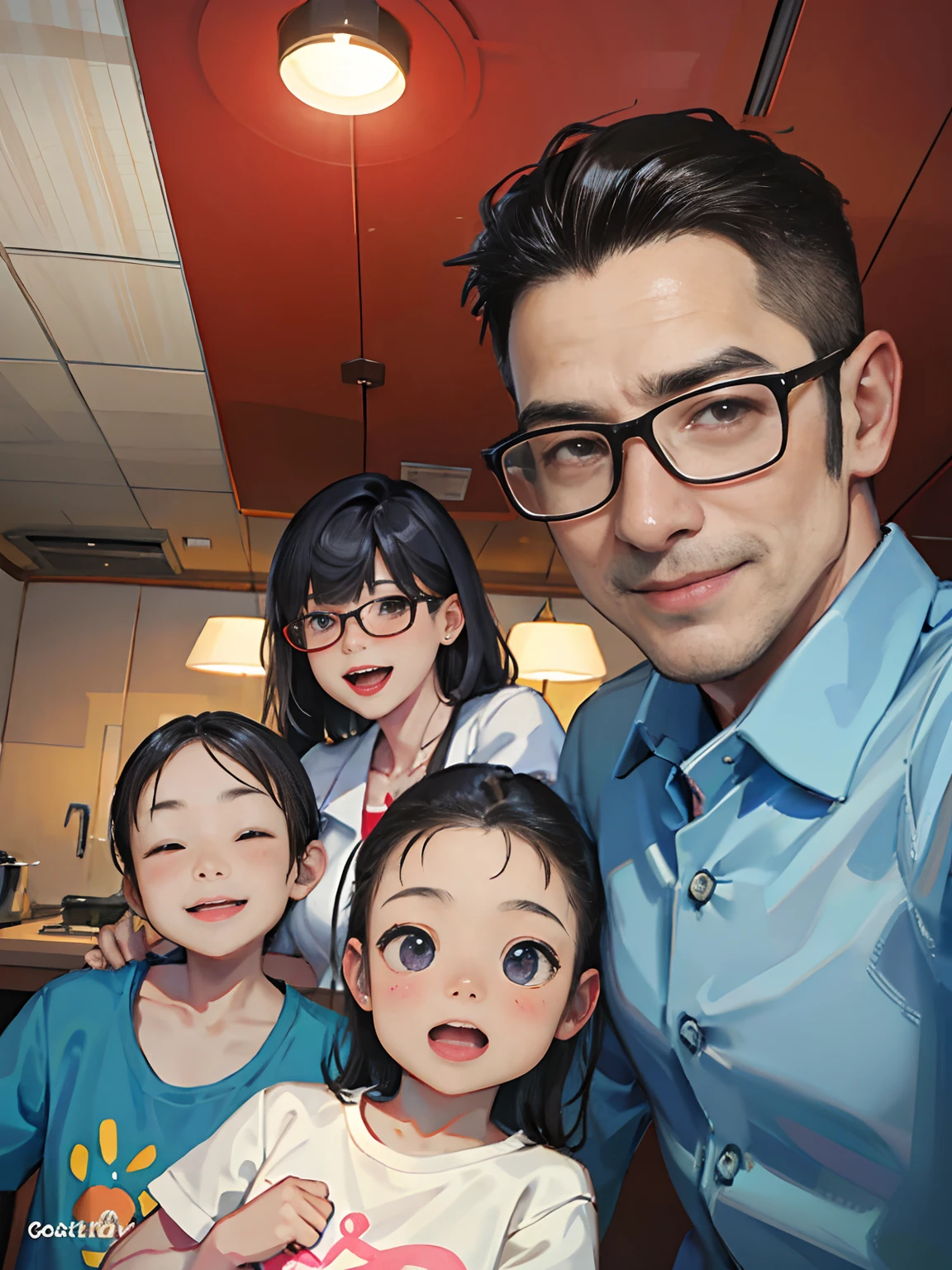 Family，3 people， with a round face, south east asian with round face，Young cute asian face，family photos