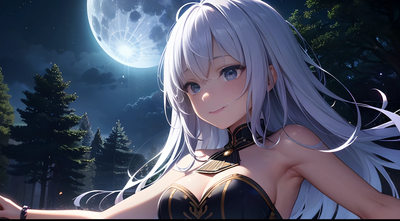 2.5d anime illustration, girl dancing with vanishing holographic clown, sad smile, fantastic and beautiful full moon night, sad night, mansion in the forest background, atmosphere nearing the last minute, smooth and flawless skin, very intricate detailed texture, very intricate detailed detail, extremely highest quality, highest quality, best quality, absurd resolution, (creates a very realistic texture:1.2), sad smiley face,