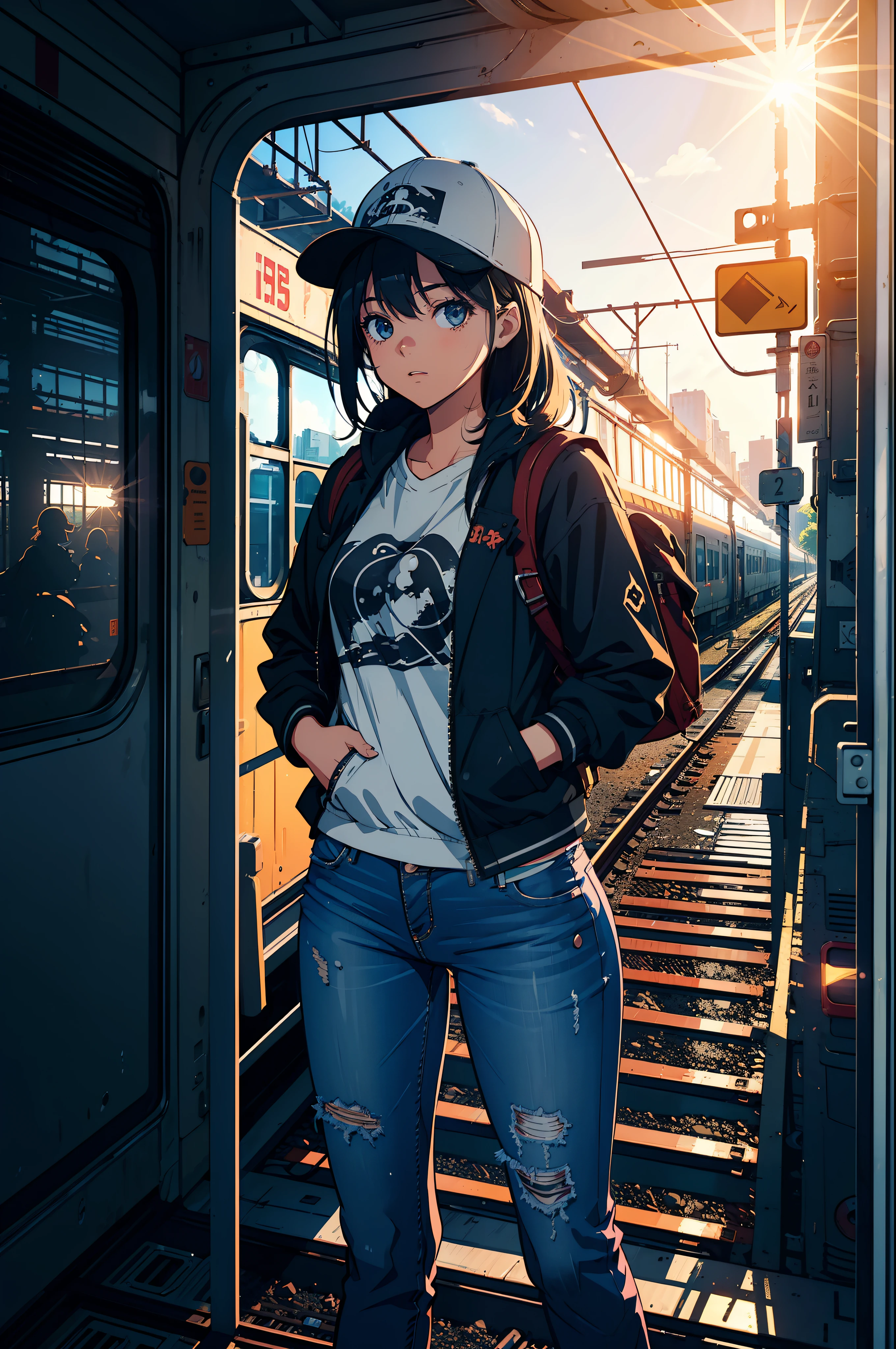 ((2d illustration:1.2)),(1girl:1.3), A lonely girl exploring an abandoned train station, wearing jacket and cap and full jeans and with a backpack, (a nonfunctional train on tracks), broken windows, (sunlight coming through, God rays, ray tracing),