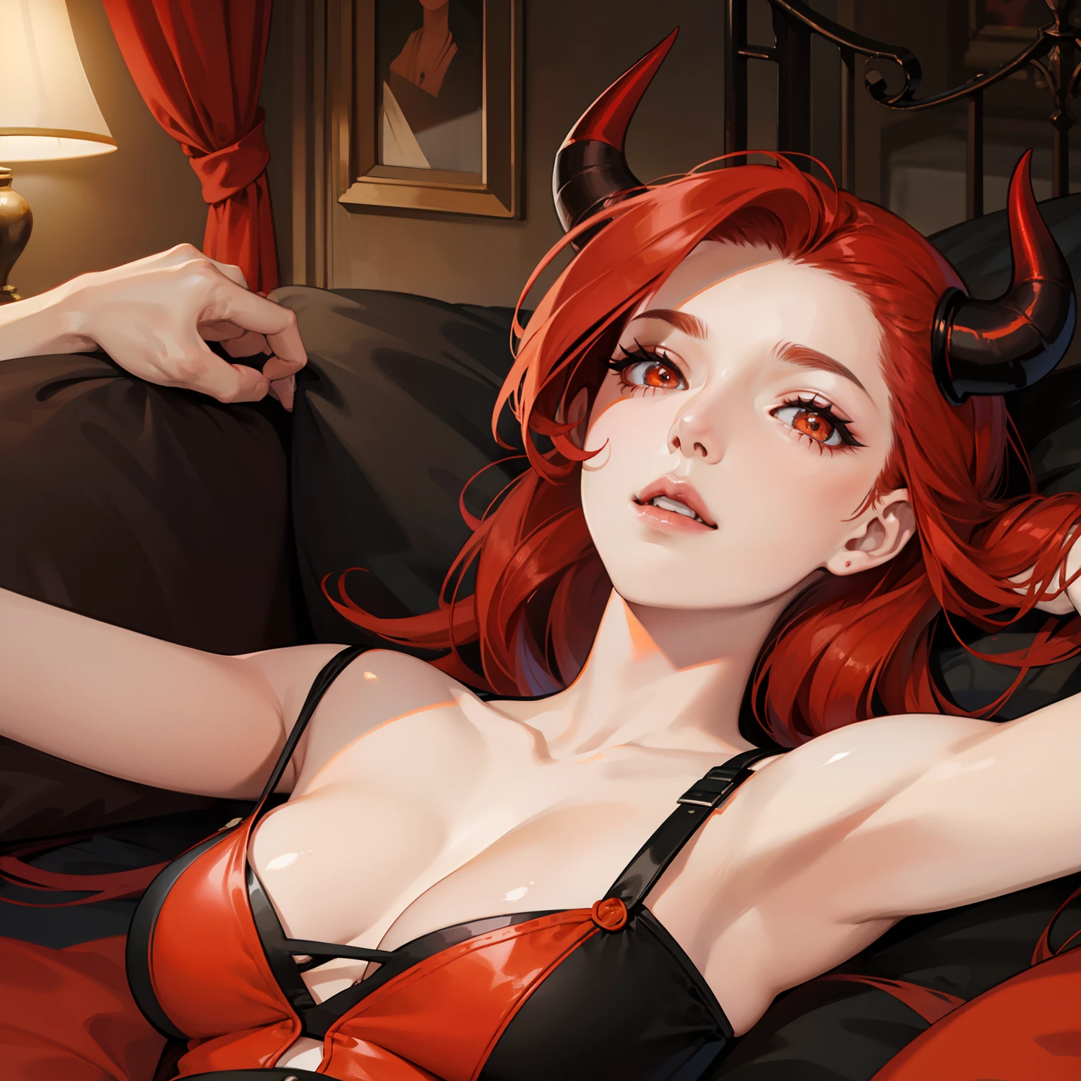 Woman with red hair, orange eyes, black horns, lying in bed