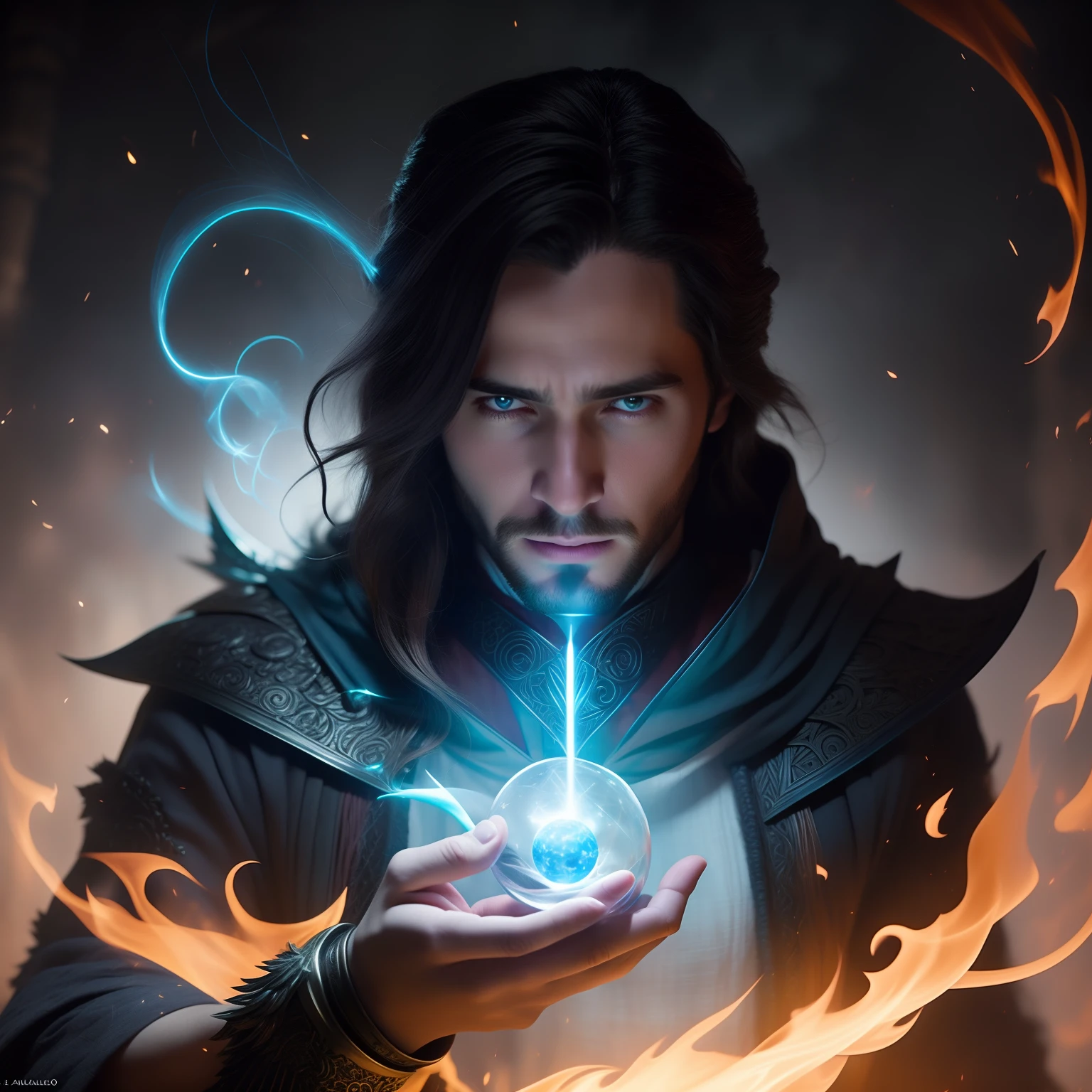 a closeup of a person holding a ball with fire in their hands, an arcane wizard casting a spell, kaladin stormblessed, Retrato de um Mago, feiticeiro masculino malvado, Graphic artist Magali Villeneuve, caleb from critical role, Preto - Mago Cabelo, Epic Fantasy Digital Art Style, d & D Arte Digital Fantasia, l critical role