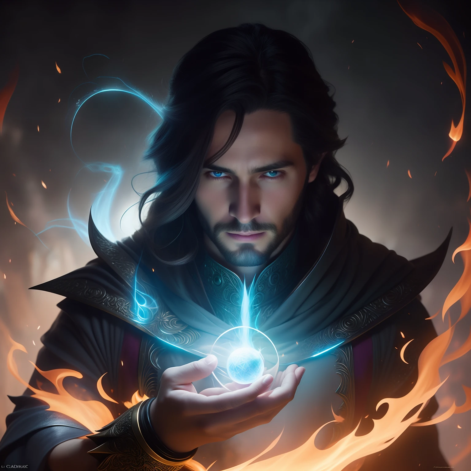 a closeup of a person holding a ball with fire in their hands, an arcane wizard casting a spell, kaladin stormblessed, Retrato de um Mago, feiticeiro masculino malvado, Graphic artist Magali Villeneuve, caleb from critical role, Preto - Mago Cabelo, Epic Fantasy Digital Art Style, d & D Arte Digital Fantasia, l critical role