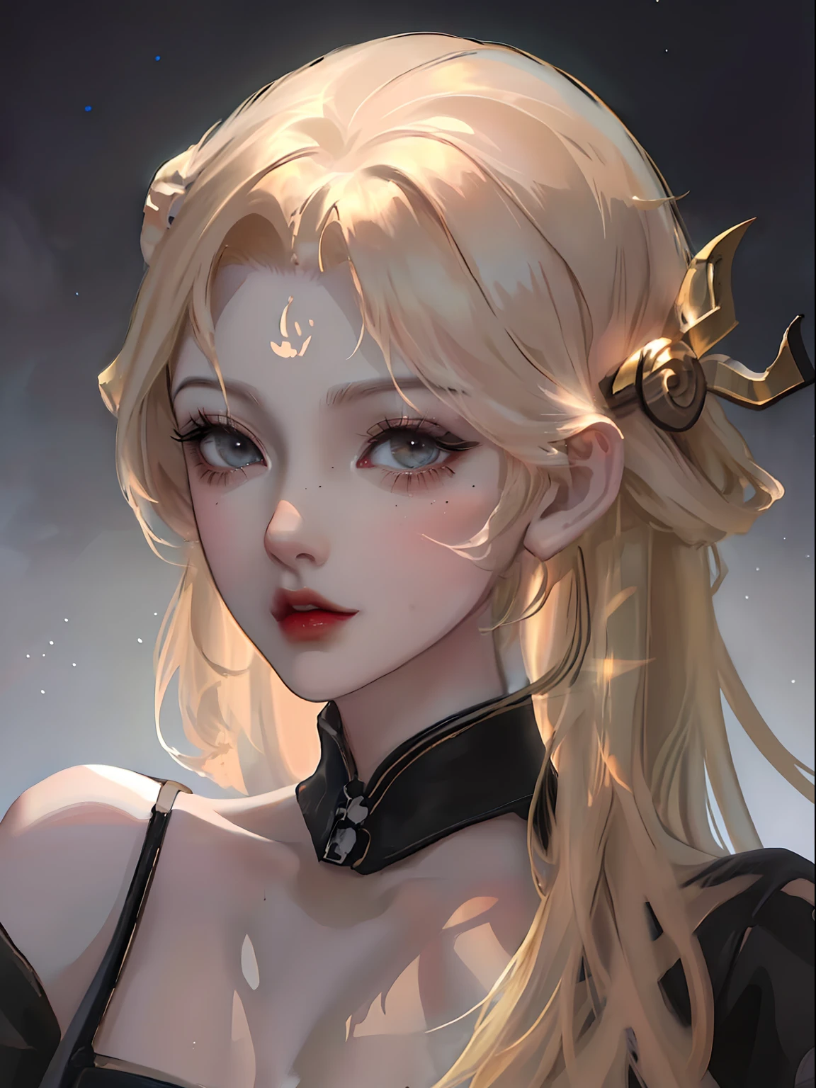 Best quality, masterpiece, ultra high res, 1girl, sexy, in the dark, deep shadow, low key, cold light, dynamic light, cinematic lighting, cinematic lighting, down blouse, mature woman, blonde, face closeup, face detail, red lips detail, scorpio girl, scorpion, scorpio zodiac, scorpio zodiac girl, girl scorpio, scorpion tail in behind, upper body, face detail, eyes detail, 8k, detail, high definition
