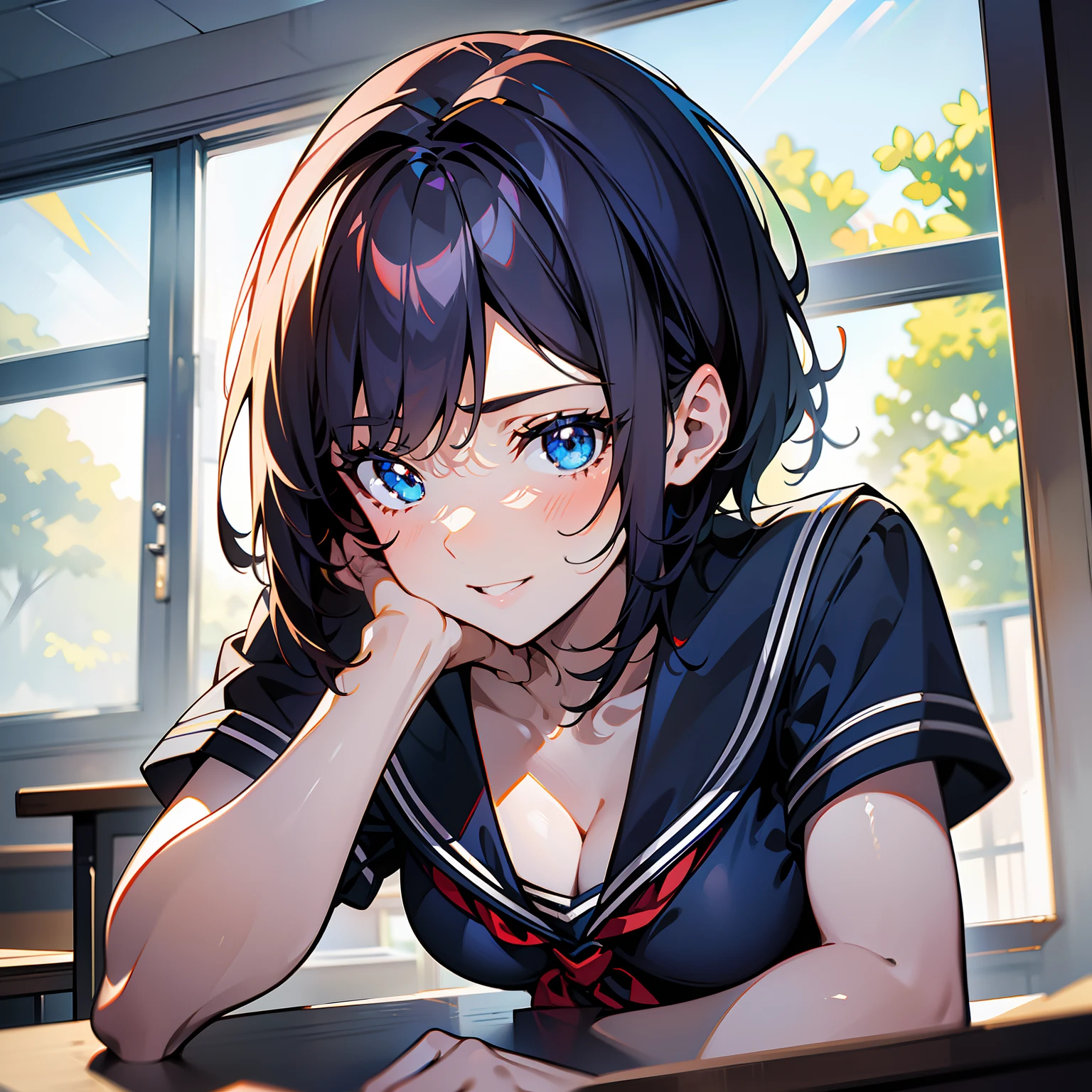 Blue-orange curls are curved inward，It belongs to short-haired，There is a strong sense of freshness and freshness,girl with,serafuku, hands on one's face, Elbows on the desk, Sit up, ‎Classroom, sunlights, window, see the beholder, Toothy smile, I can see the cleavage:1.2, Best Quality,Ultra-detailed, High resolution, extremely details CG, Unity 8k壁纸, Official art, production art, novel illustration, by famous artist, Caustics, textile shading, super detailed skin, Perfect Anatomy, Detailed, Cinematic lighting, Dynamic lighting, Beautiful detailed eyes, (top-quality), (ultra-detailliert), (masuter piece), (hight resolution), (Original), Character Design, Game CG, Detailed Manga Illustration, Realistic head-to-body size ratio:1.2