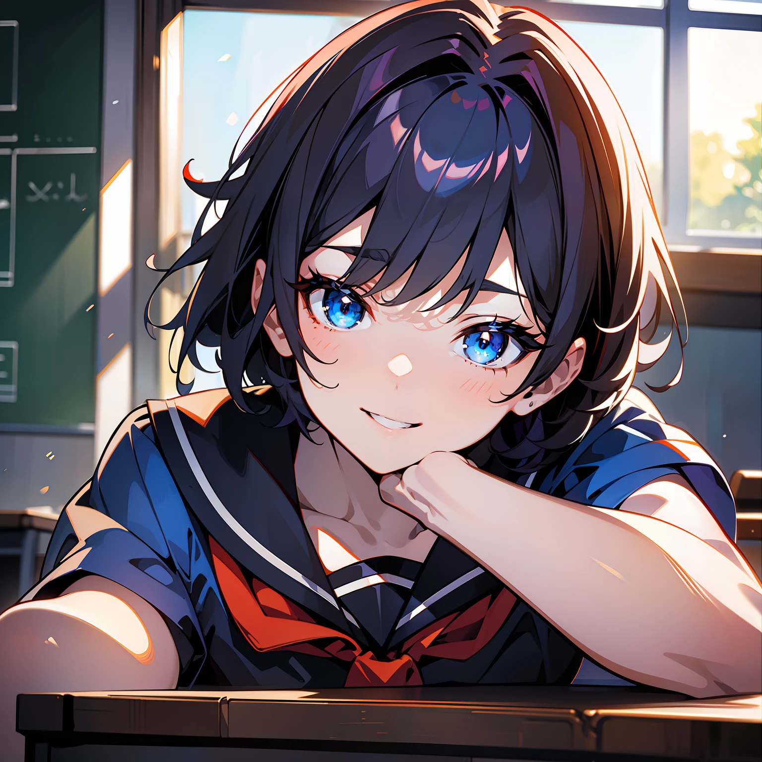 Blue-orange curls are curved inward，It belongs to short-haired，There is a strong sense of freshness and freshness,girl with,serafuku, hands on one's face, Elbows on the desk, Sit up, ‎Classroom, sunlights, window, see the beholder, Toothy smile, I can see the cleavage:1.2, Best Quality,Ultra-detailed, High resolution, extremely details CG, Unity 8k壁纸, Official art, production art, novel illustration, by famous artist, Caustics, textile shading, super detailed skin, Perfect Anatomy, Detailed, Cinematic lighting, Dynamic lighting, Beautiful detailed eyes, (top-quality), (ultra-detailliert), (masuter piece), (hight resolution), (Original), Character Design, Game CG, Detailed Manga Illustration, Realistic head-to-body size ratio:1.2