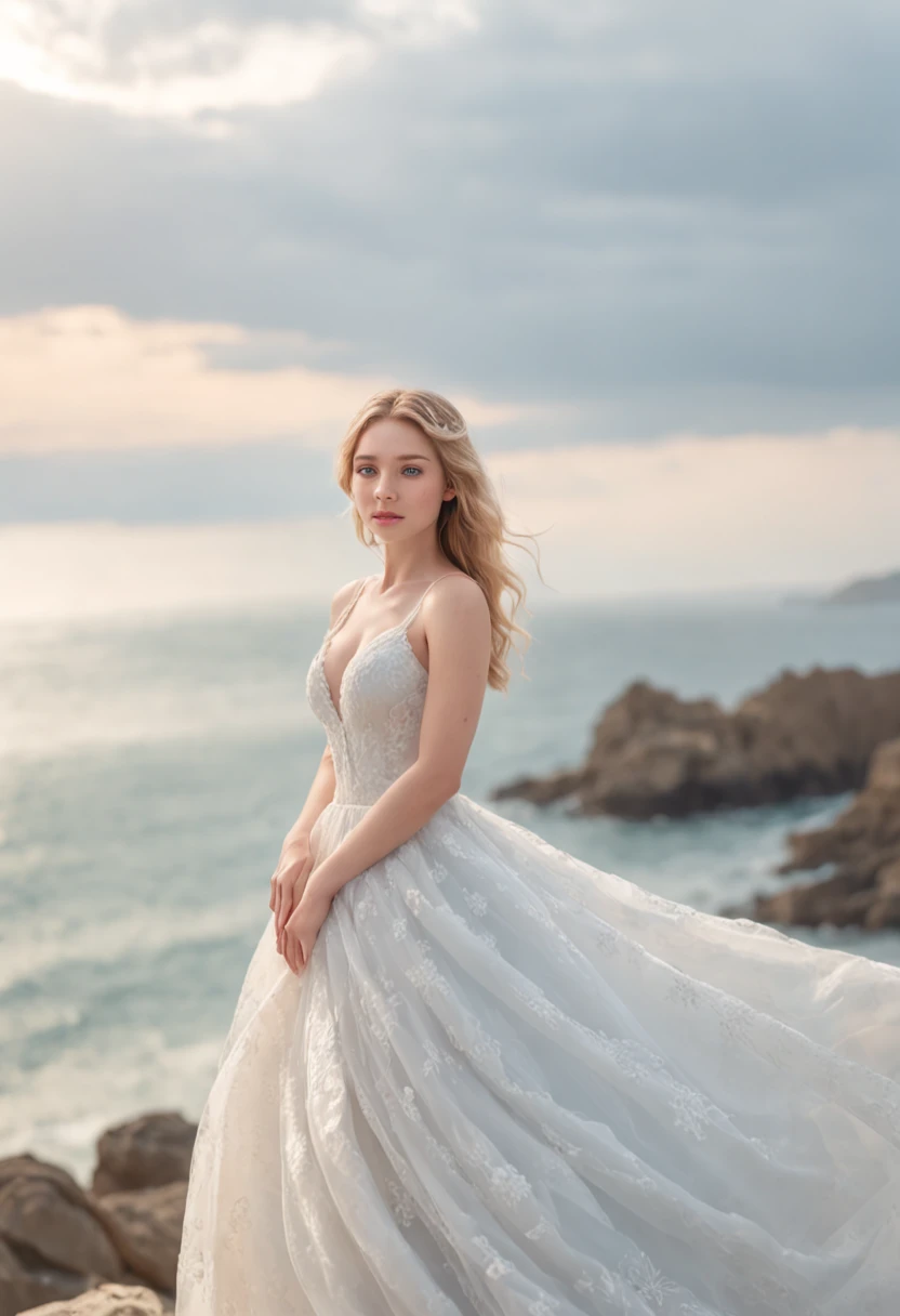 1 beautiful girl, (Realistic:1.3) full bodyesbian, standing photo, Stand in front of the blue sea, White wedding dress, Soft dress, blond hairbl, Blue eyes, Wavy hair, Masterpiece, diffused soft lighting, Portrait, Best quality (Perfect face:1.4), Ultra-realistic highly detailed, complex and realistic simulation style photos，Focus clearly on the eyes, Cinematic lighting, studio shoot, Elegant Pose