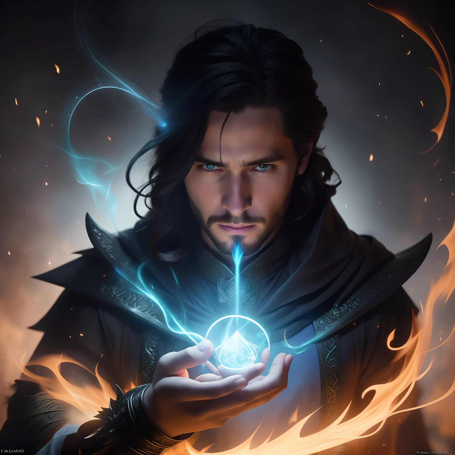 a closeup of a person holding a ball with fire in their hands, an arcane wizard casting a spell, kaladin stormblessed, Retrato de um Mago, feiticeiro masculino malvado, Graphic artist Magali Villeneuve, caleb from critical role, Preto - Mago Cabelo, Epic Fantasy Digital Art Style, d & D Arte Digital Fantasia, l critical role