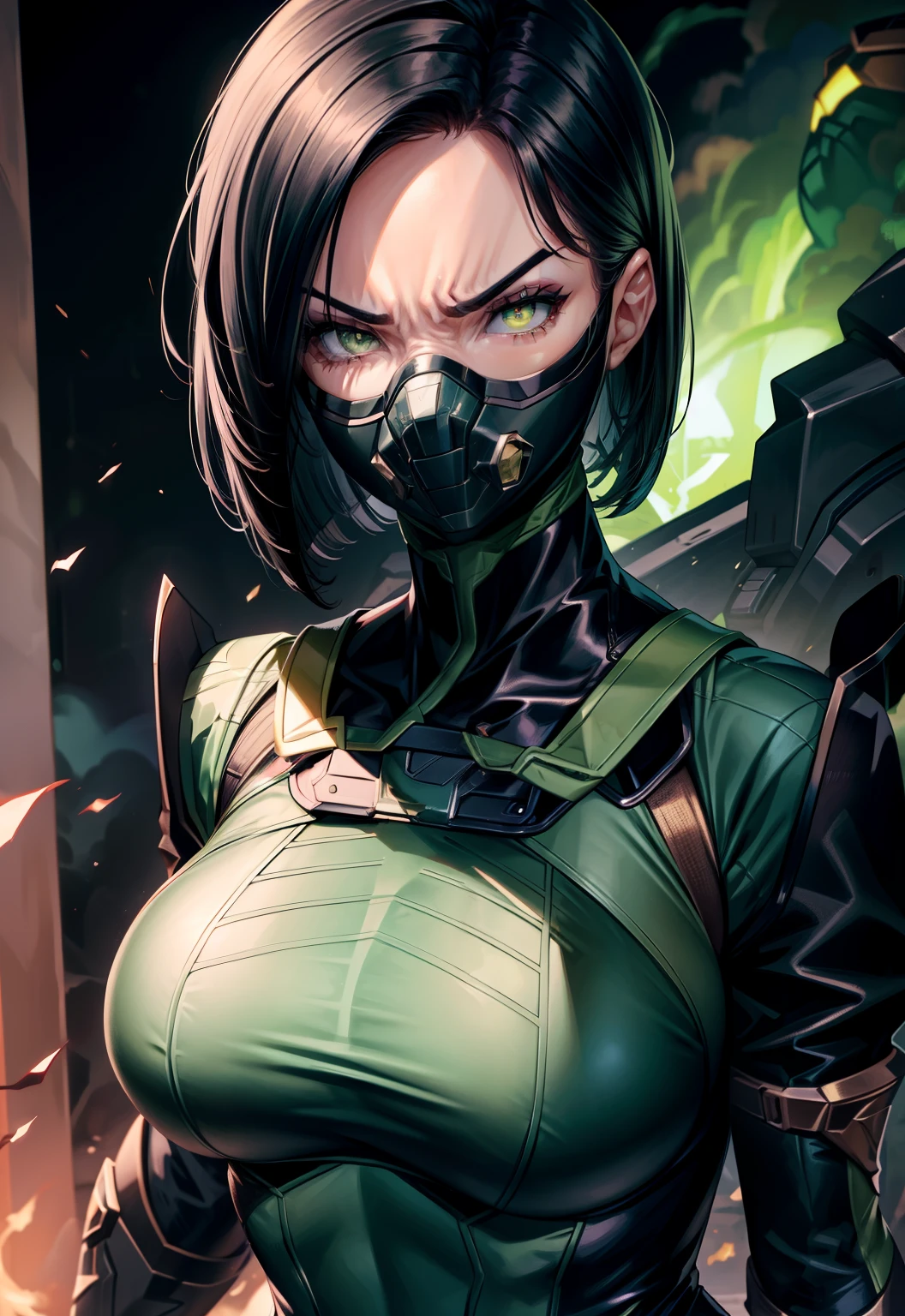 Masterpiece, Best quality,Look at the woman from below ，《Fearless viper》, tightsuit, mitts, belt, thigh boots, respirator, view the viewer, face, Portrait, Close-up, Glowing eyes, green smoke, Black background,huge tit，Raised chest，Close-up of chest，oversized boobs，chest focus，Woman in a swimsuit，angry look，Extremely erotic figure，Staring angrily at the screen，Facing the screen