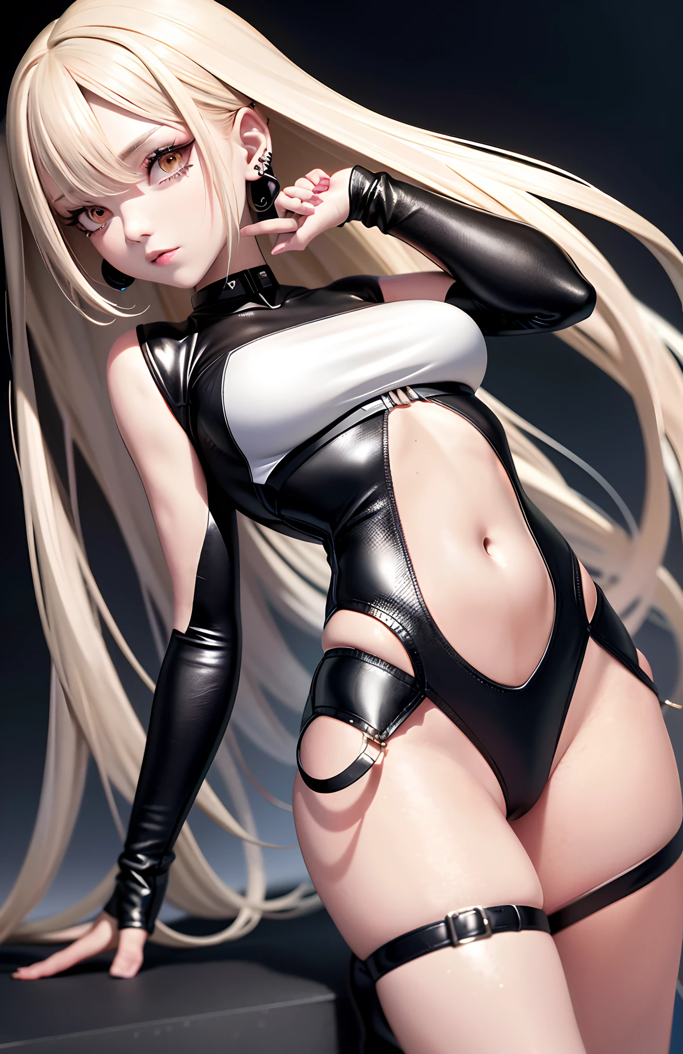 optimum，tmasterpiece，A high resolution，best qualtiy，hyper HD，super detailing，Award-Awarded，16k，独奏，（（The upper part of the body）），（（Bust）），??????? correct，Beautiful cyberpunk girl，cute  face，，Gradient Beige Hair，Hairline，（（Dark golden eyes）），long eyelasher，Hanging eye corners，White skin of the，（small boobs），（Slim body），（（Women's extra short shawl leather jacket）），（（goth style，racing_suit）），（（）），ear studs，（Neck strap），（Laser material clothing：1.2）
