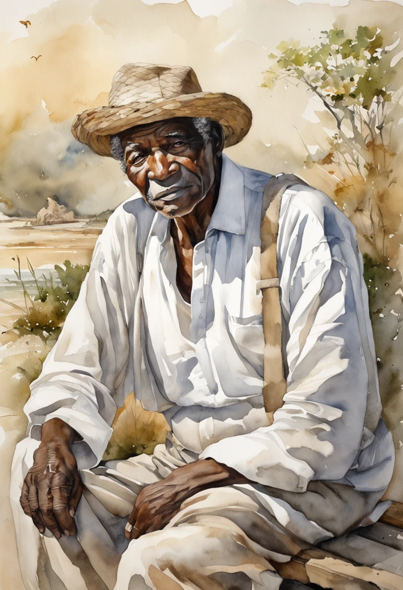 SeaArt Positive Prompt:

Embark on a journey of emotions: Create a monochromatic masterpiece portraying an elderly black man seated on a wooden crate. Amidst a sea of solitude, he emanates a dignified presence. Native Brazilian birds, including swallows, parrots, and other species, form an intricate dance in the sky around him. One compassionate bird tenderly shields his face, bestowing a sense of solace. The man's attire, humble yet dignified, resonates with the essence of his character. With arms resting gently, he gazes ahead, capturing a moment of quiet strength and contemplation amidst nature's symphony.

SeaArt Negative Prompt:

Capture the essence of solitude: Illustrate a grayscale tableau, featuring an elderly black man seated on a wooden crate. Immersed in isolation, his figure embodies a poignant solitude. Native Brazilian birds, among them swallows, parrots, and avian natives, encircle him, forming a stark contrast against the backdrop. One bird, with an air of melancholy, shrouds his face, creating an aura of vulnerability. Clad in modest attire, he sits with a posture weighed by life's burdens. His expression, hidden from view, contributes to the image's sense of isolation and quiet sorrow.