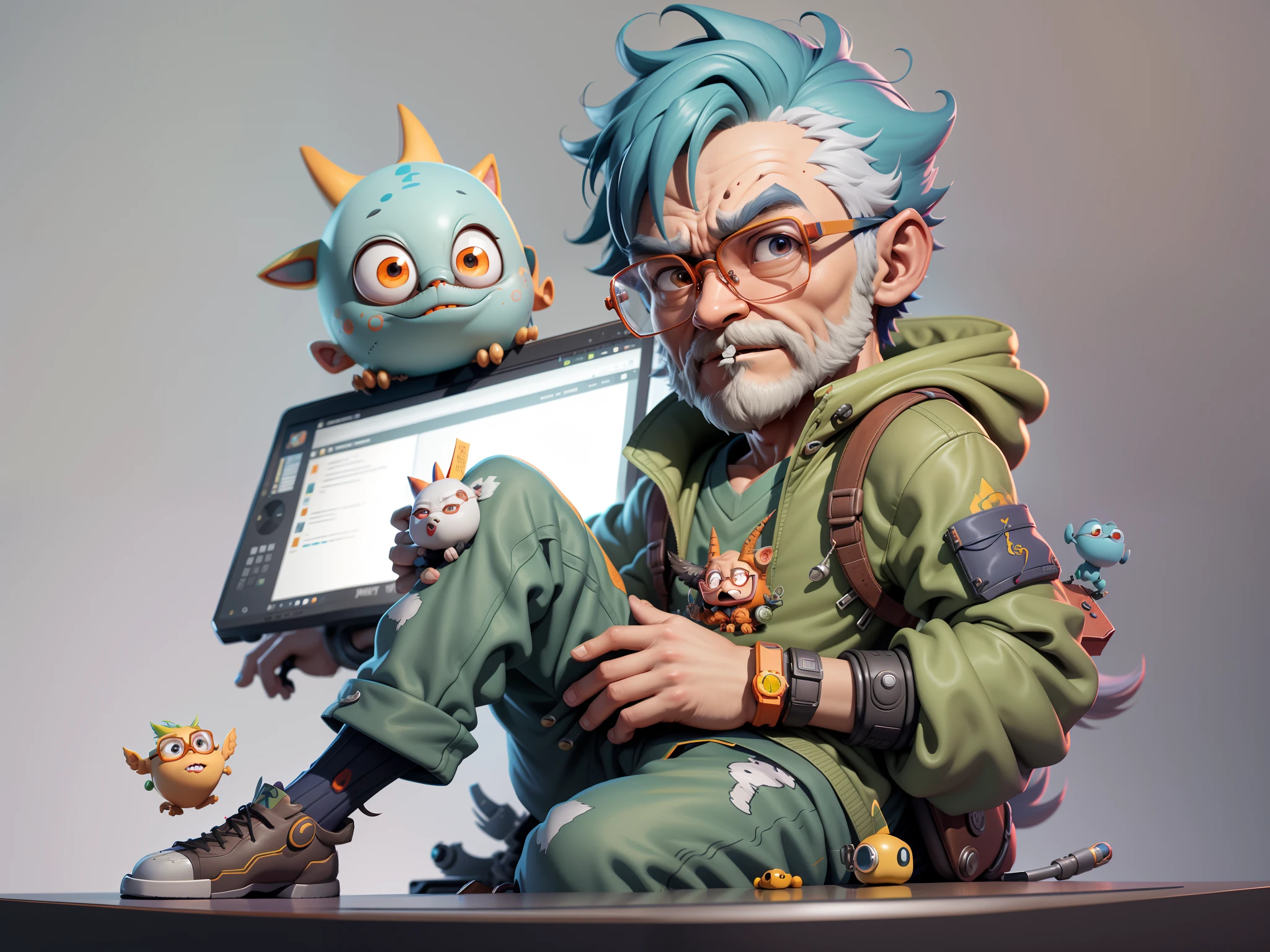 A young man with glasses sits at his desk,holding laptop,digitial painting,3D character design by Mark Clairen and Pixar and Hayao Miyazaki and Akira Toriyama,4K HD illustration,Very detailed facial features and cartoon-style visuals。