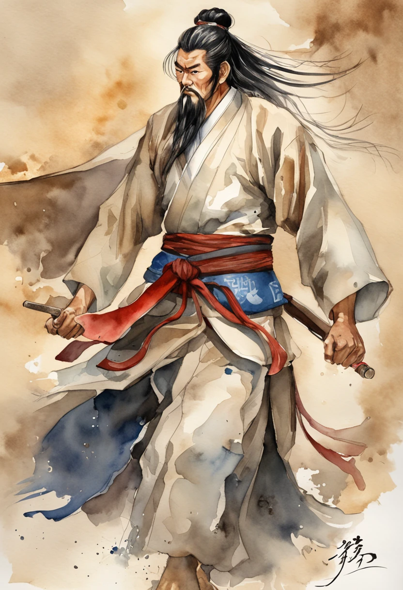 Martial arts novel Dragon Babu Gang leader Qiao Feng,Ken Takakura, Tall and strong,Long hair,The face is densely covered with short whisker roots,Darkening of the skin, Burlap