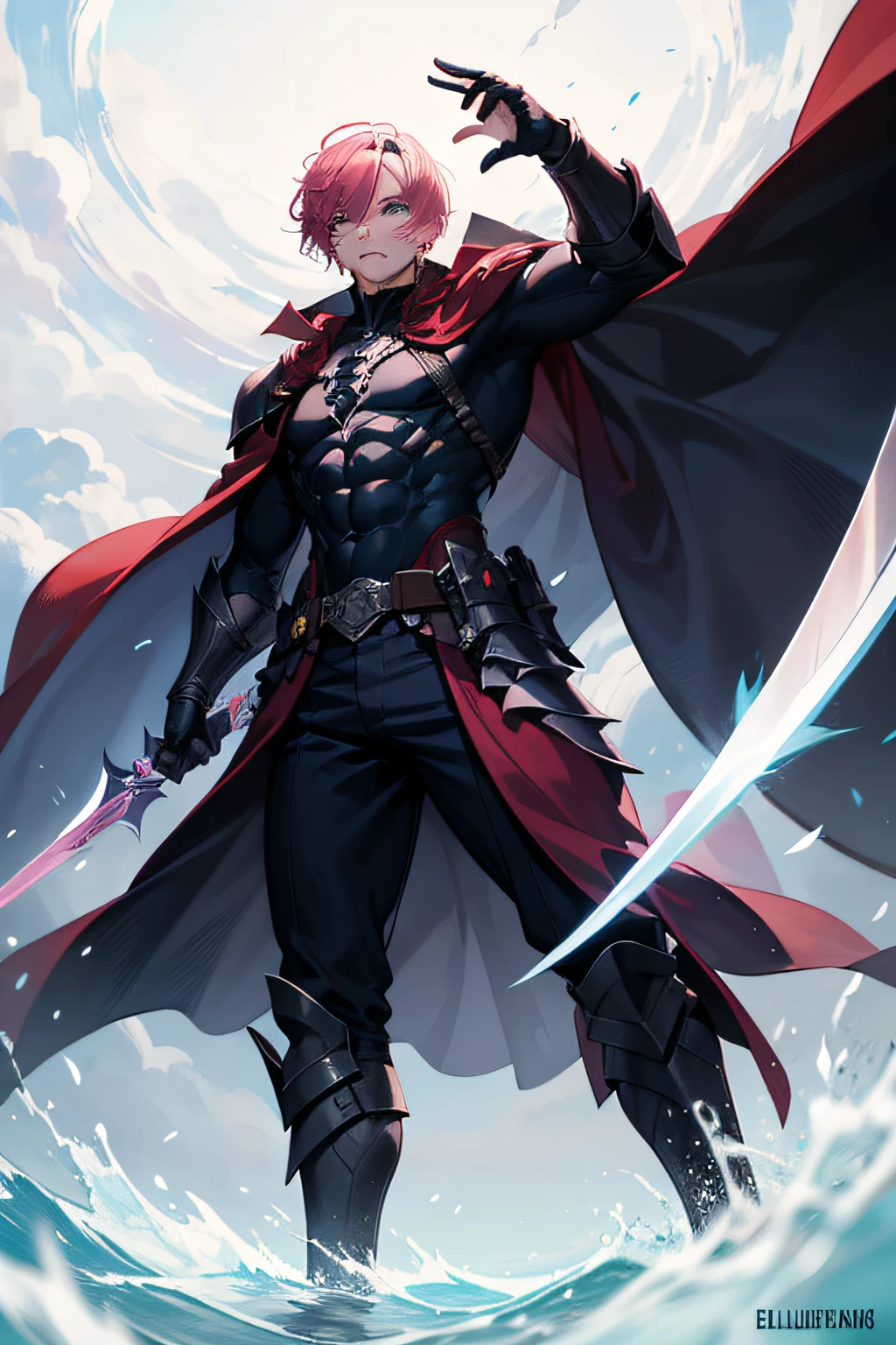 "1 boy with piercing blue eyes, vibrant pink hair, and a muscular build, embodying the essence of a dark knight. He wields a massive, awe-inspiring two-handed sword and is adorned with a flowing, billowing cape. Strike an epic pose amidst a grand and majestic scene."