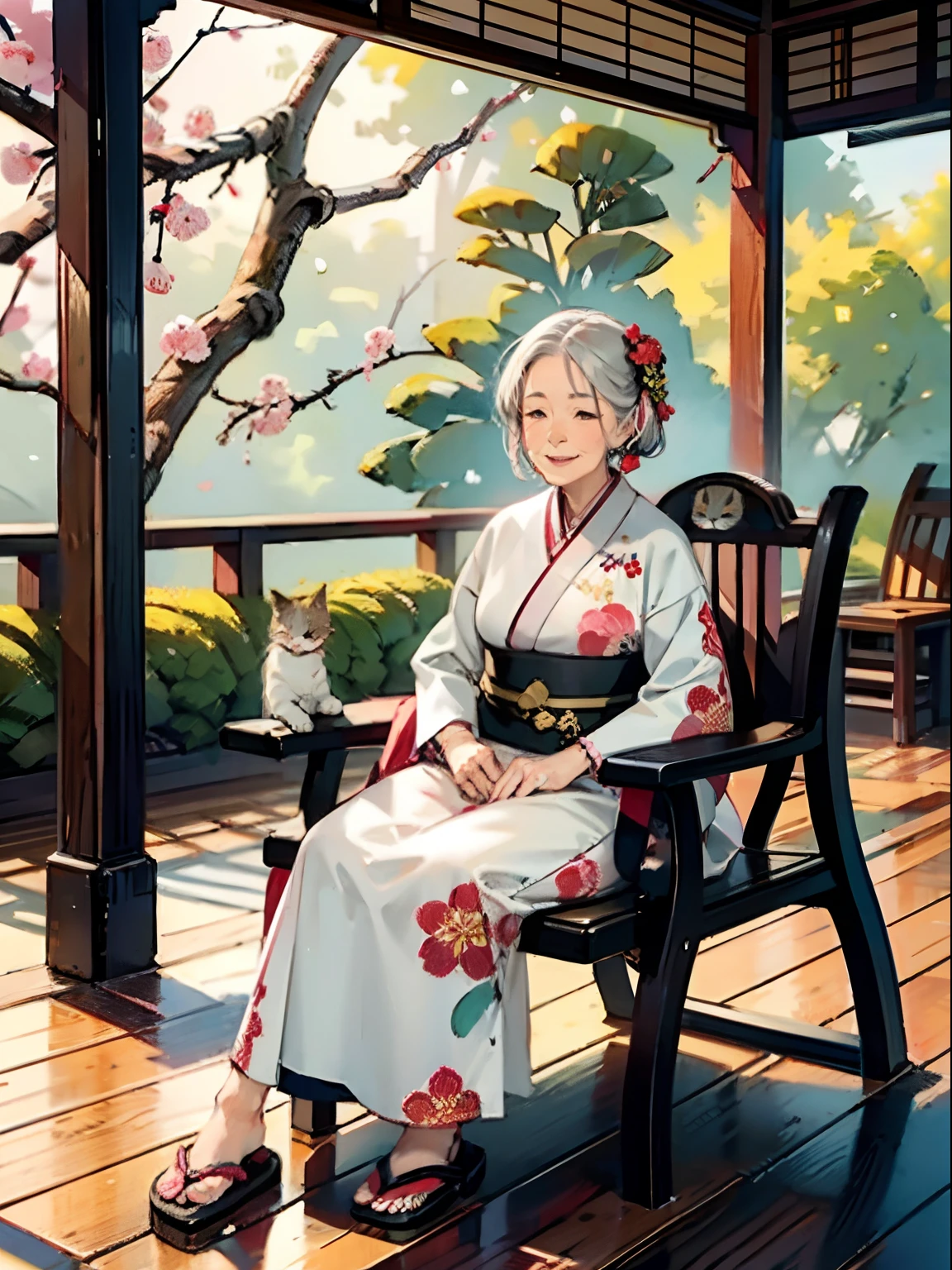 Grandma sitting on the wood porch, Oldest woman,80years old asian grandma,
grandma has a lot of wrinkles on her face
,Face full of wrinkles,wrinkled smile, cat,plum blossoms