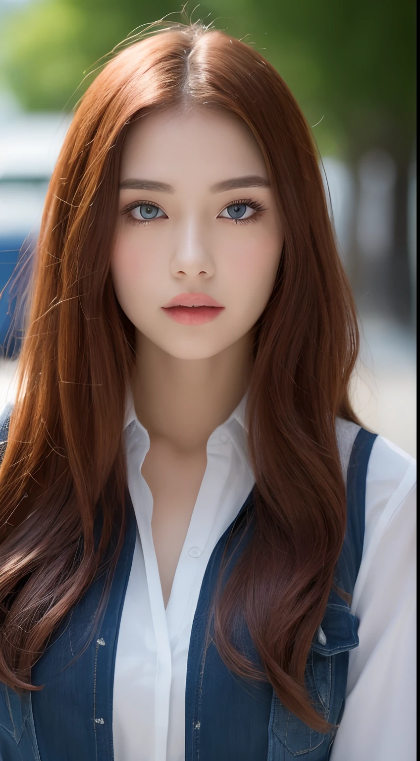 Best quality, 8k, Masterpiece :1.3)), sensual woman, 1girl, (slender figure :1.2), long blood red hair, red hair, long hair, (outdoor, shirt, shorts :1.1), ultra-detailed face, detailed lips, detailed eyes, double eyelid,(Large boobs1.5), only face, looking direct at the camera, eye level, full face, blue eyes, close shoot, clear face, symmetrical face, sexy, hot, front pose, direct to camera