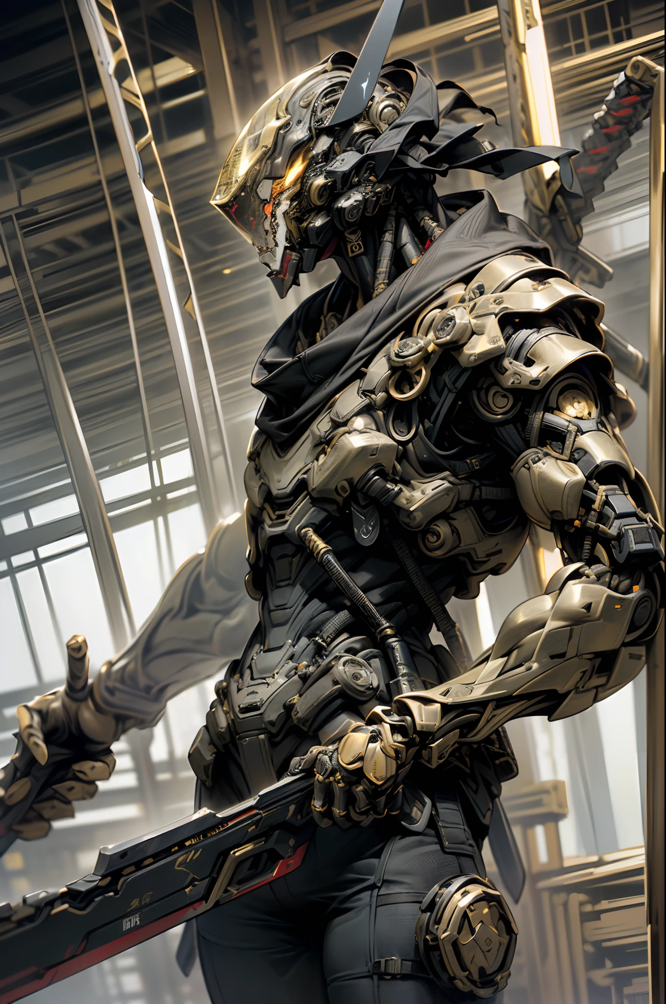 (((Black and gold body))、Black main body、red accent)、sharp designs、thorn々Shishi Body、An ultra-high picture quality、(8K picture quality)、Large Weapon、(Humanoid decisive weapon)、Annihilation Weapons、(Super elaborate construction)