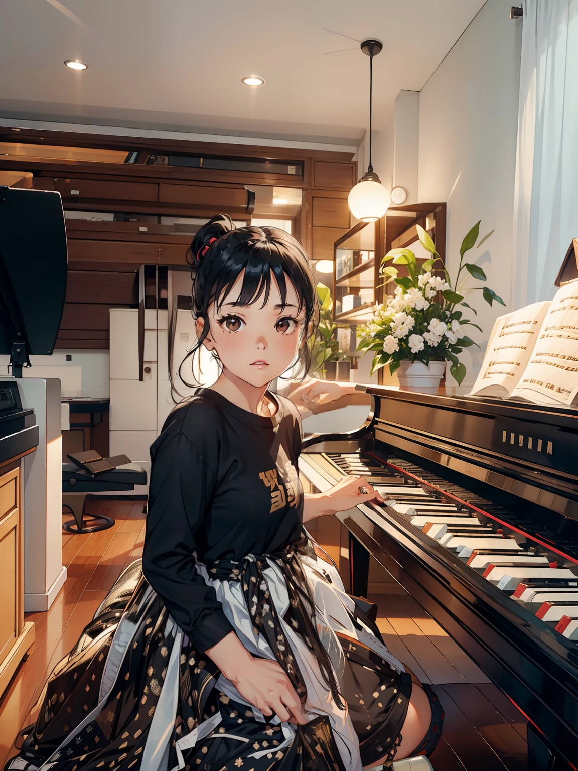 Girl with black hair tied in a side ponytail, brown eyes, white shirt, brown pants, at a piano.