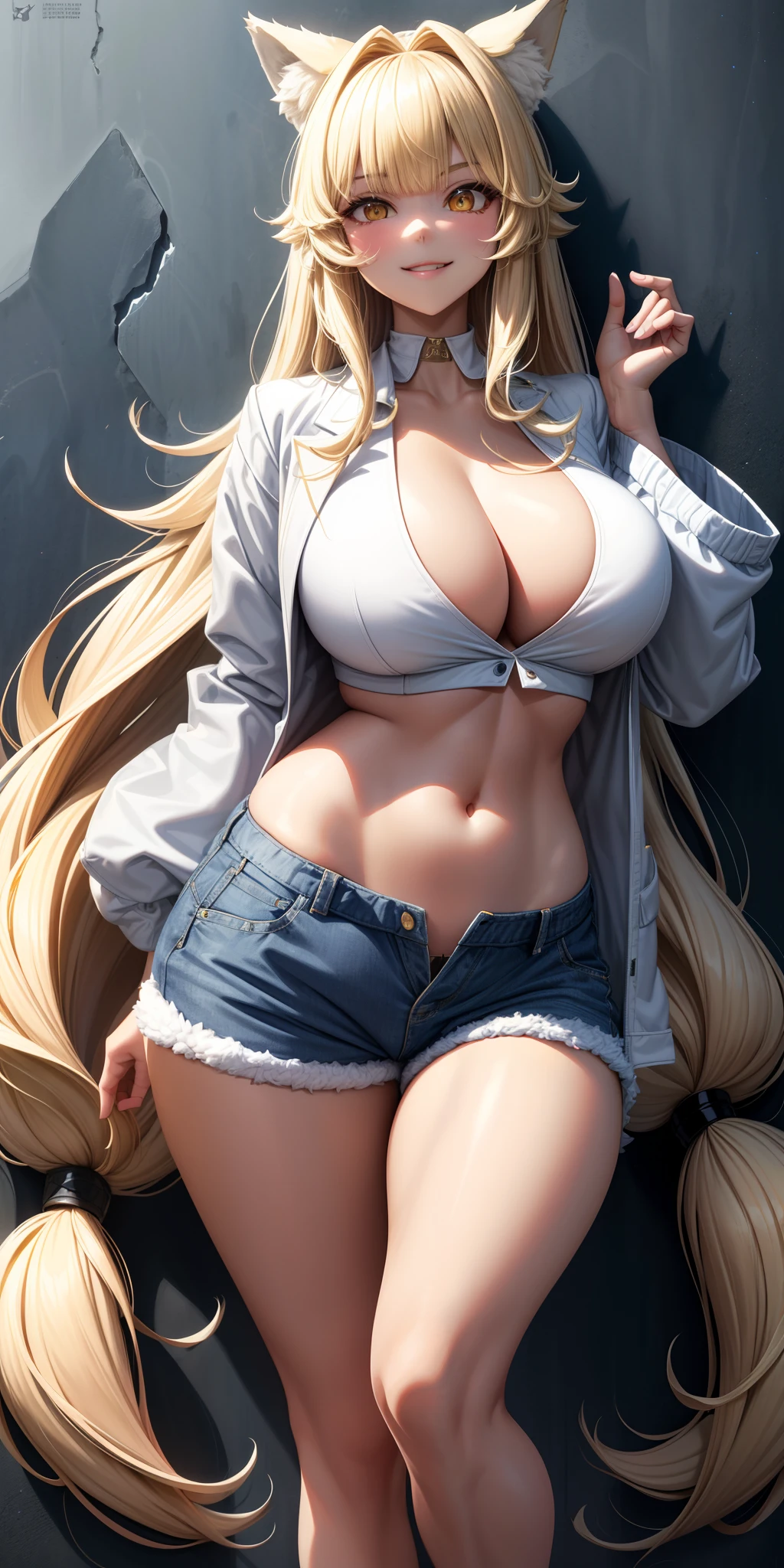 ((1 wolf girl)), big and voluminous breasts ((blond hair with bangs)) ((long straight hair)) cute hip hop clothes top open jacket shorts nice fabric, extremely sexy body, perfect lips, cheeky smile, graffiti , WALL, leaning against the wall, seductive, sexy pose