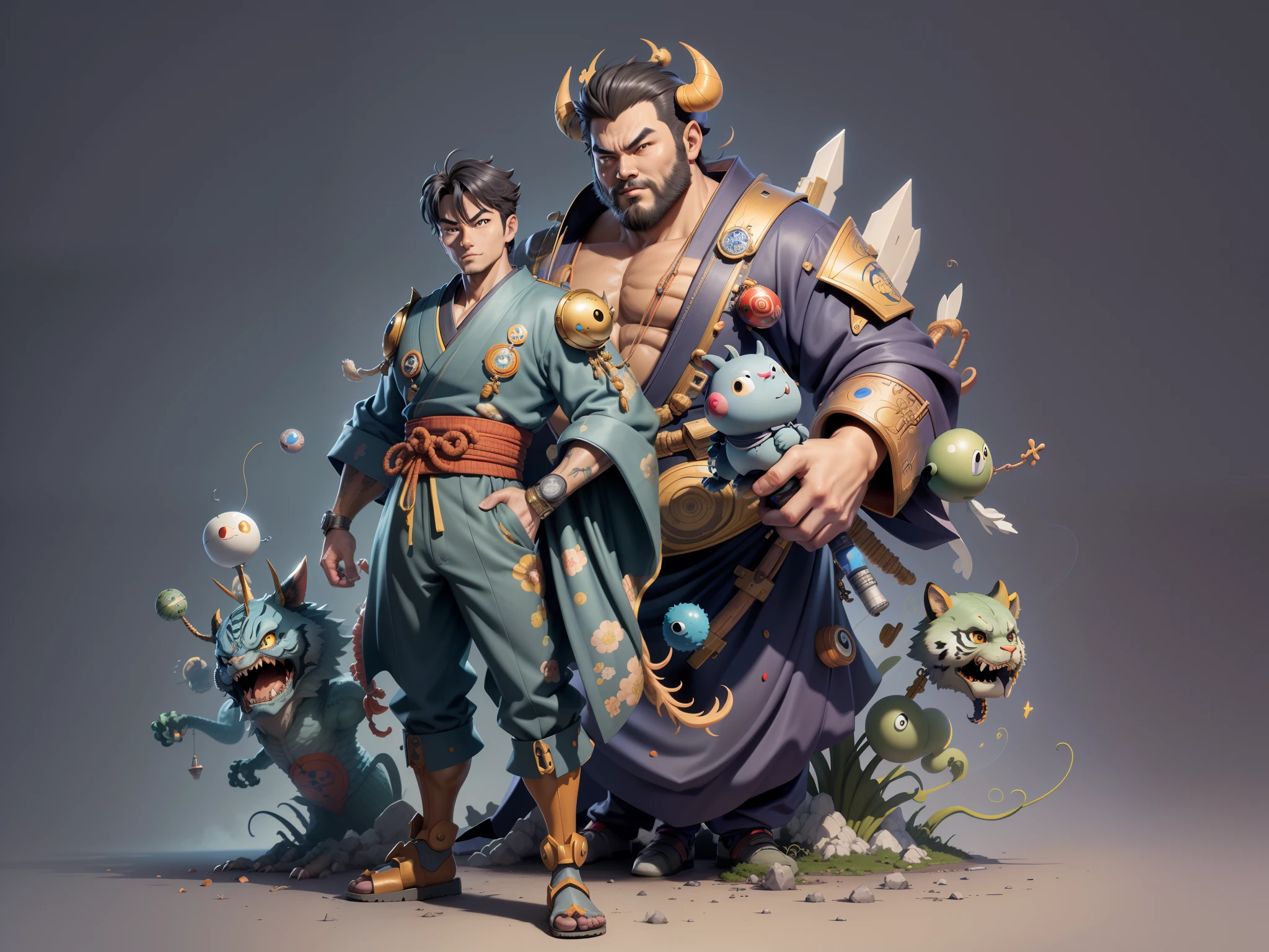 (Masterpiece), (Excellent), (Super Meticulous), (Full Body: 1.2), Super Young Man, Oriental Face, Japanese Kimono, Japanese Wind Thunder God, Dragon, Tiger, TV Anchor, Bust Portrait Illustration, Alone, Black Suit, Blue Tie, Slightly Chubby Face, Very Clean Face, No Beard, Black Super Short Hair, Black Eyes, Confident Smile, 3c Computer Sub-Products, iPad, iPhone, Digital Painting, 3D Character Design by Akira Toriyama and Mark Claireden and Pixar and Hayao Miyazaki, The illustration is a high-definition illustration in 4K resolution with very detailed facial features and cartoon-style visuals.
